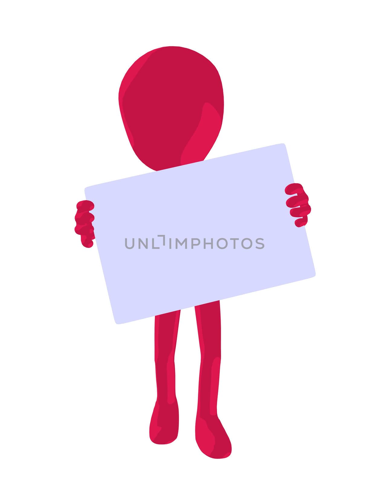 Cute pink silhouette guy holding a blank business card on a white background

