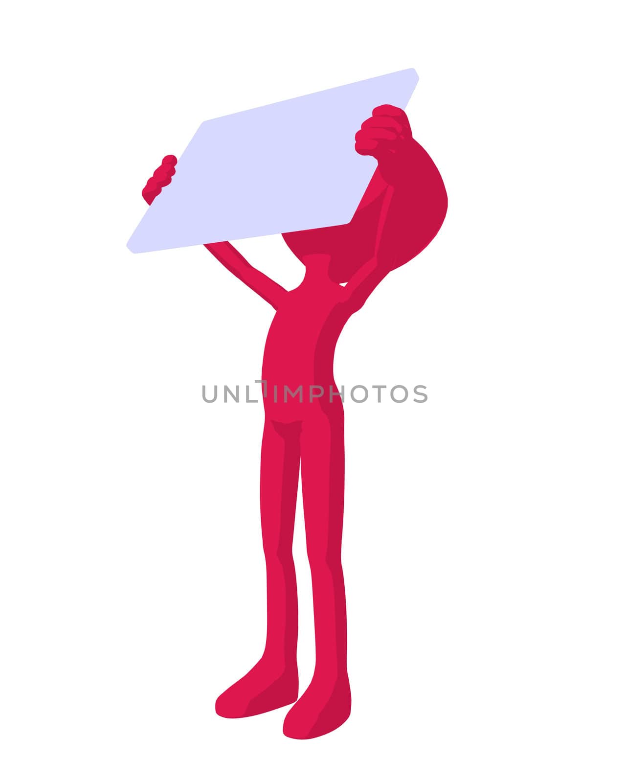 Cute pink silhouette guy holding a blank business card on a white background
