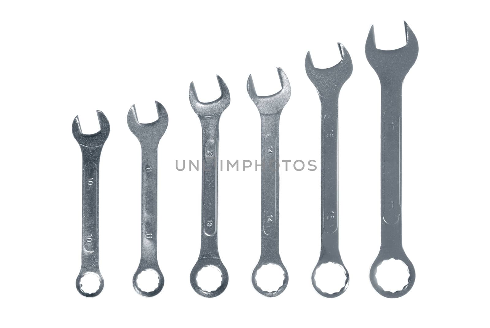 Chrome wrench key set isolated on white background.