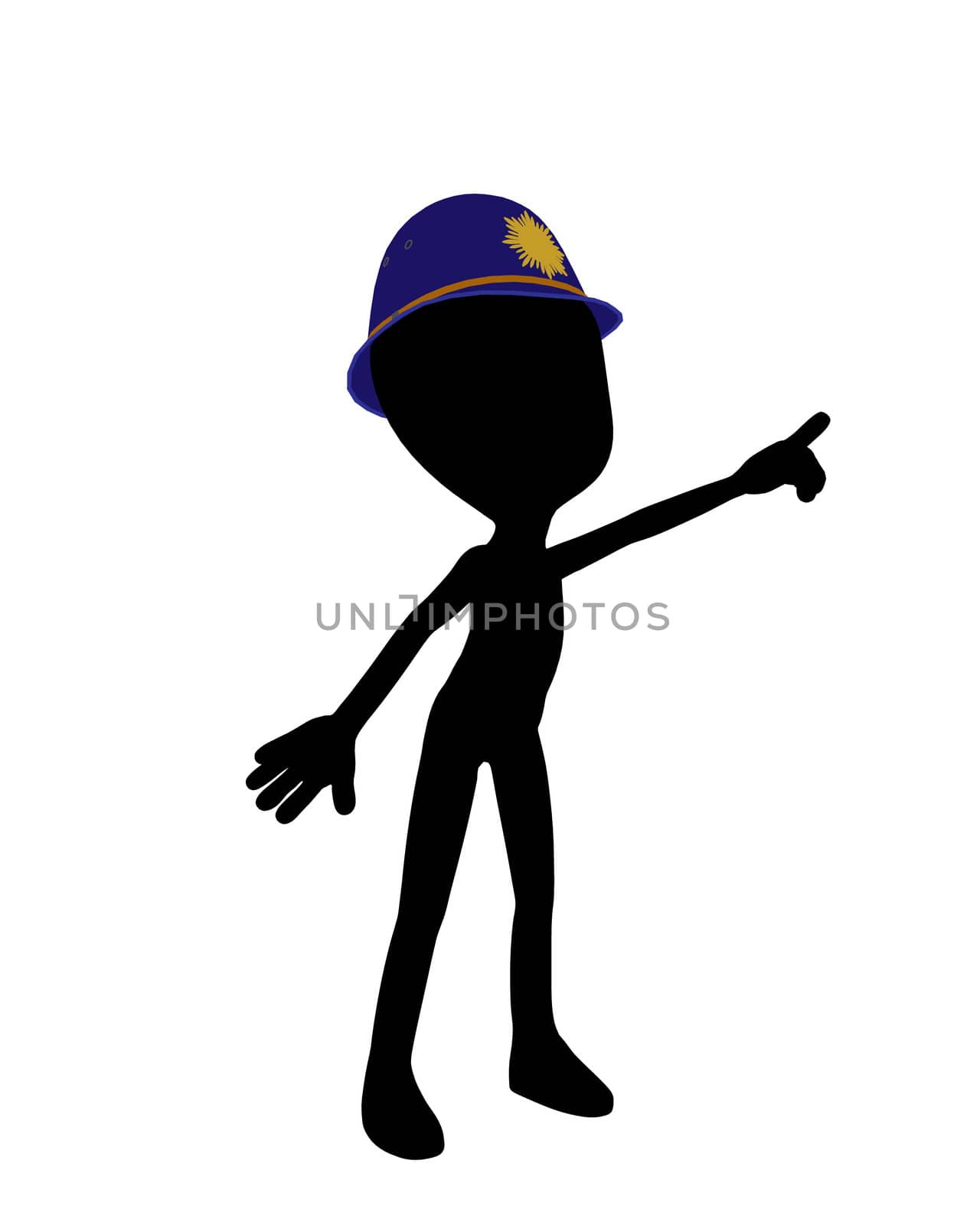 Cute black silhouette police guy standing on a white background
