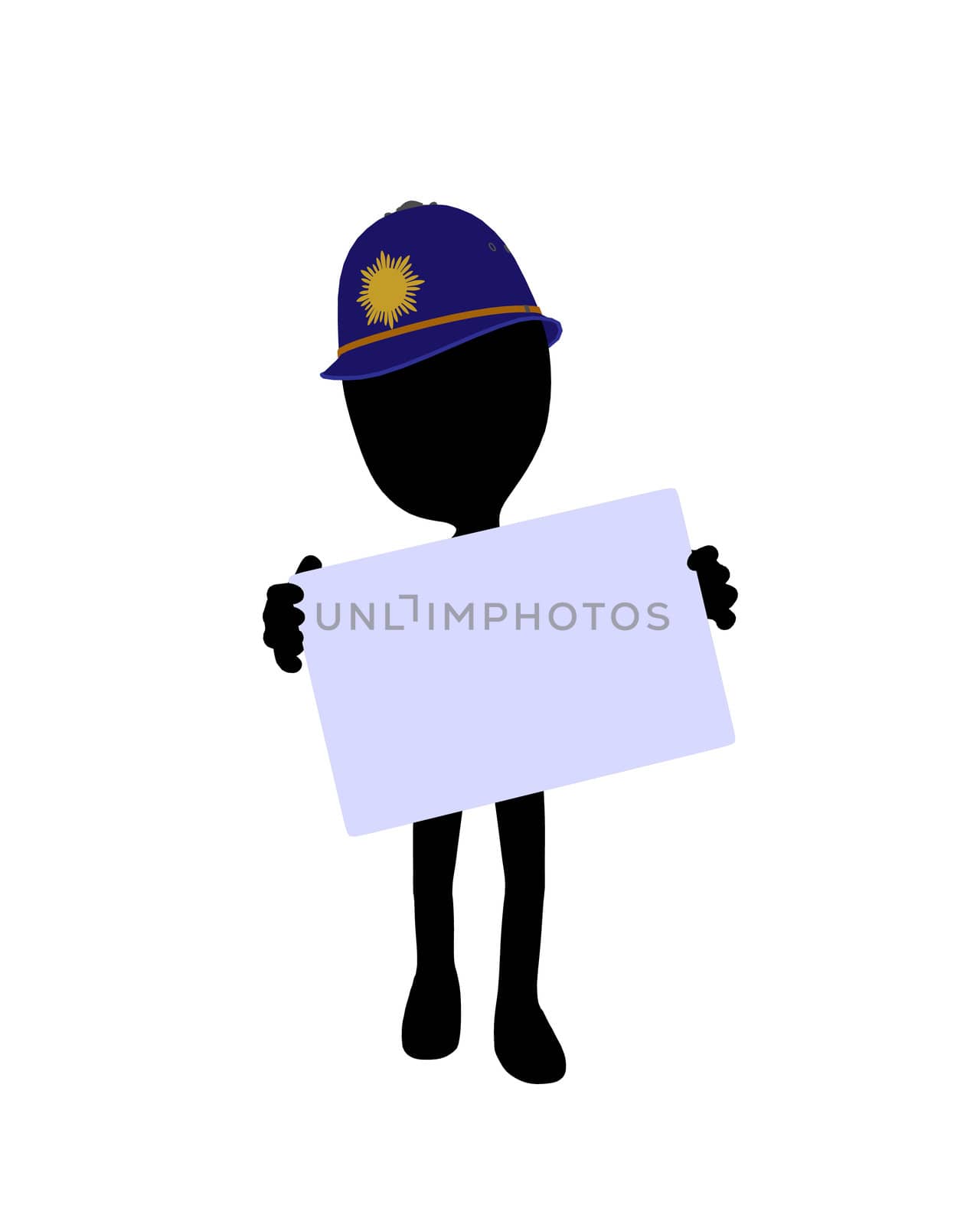 Cute black silhouette police guy holding a blank business card on a white background
