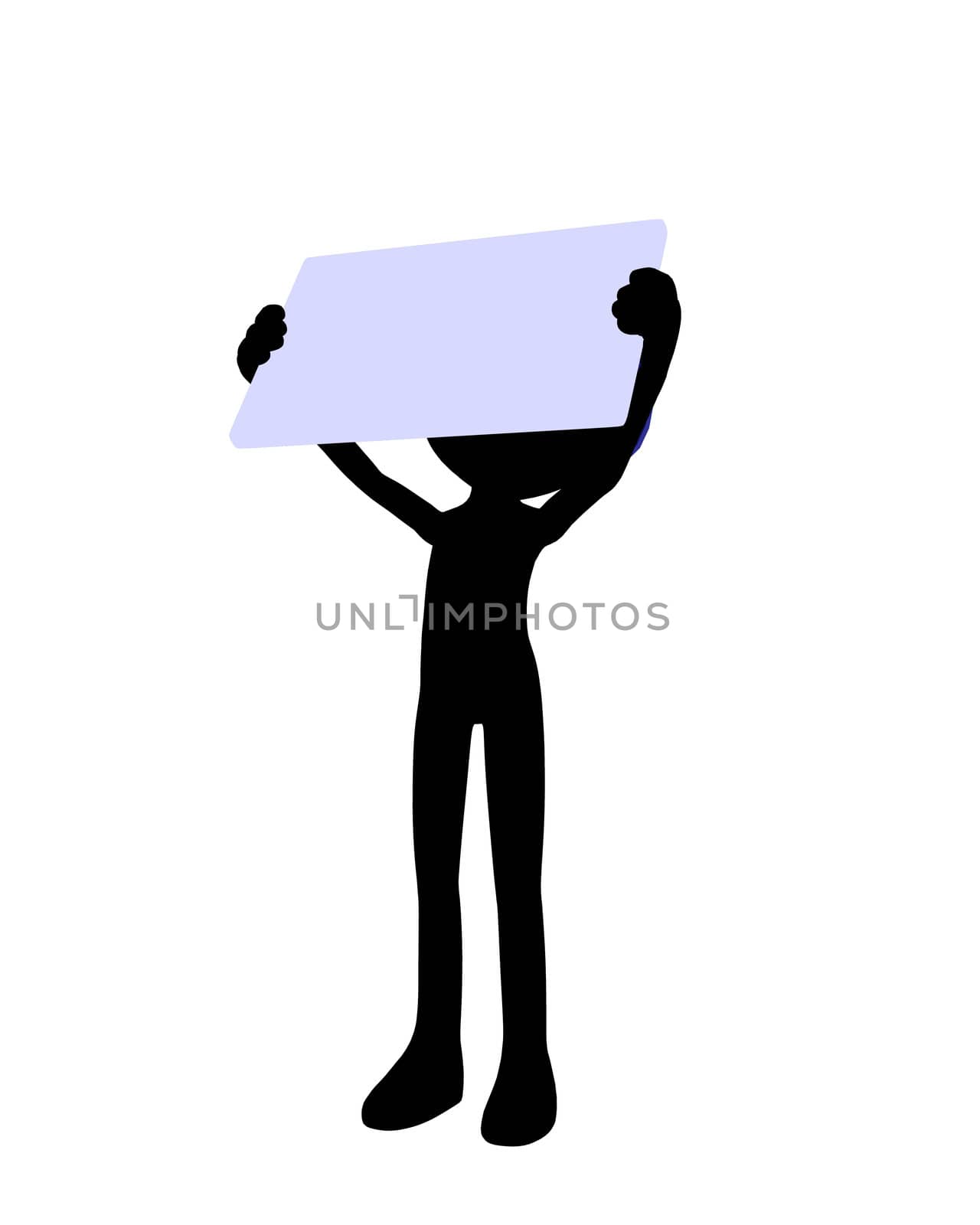 Cute black silhouette police guy holding a blank business card on a white background
