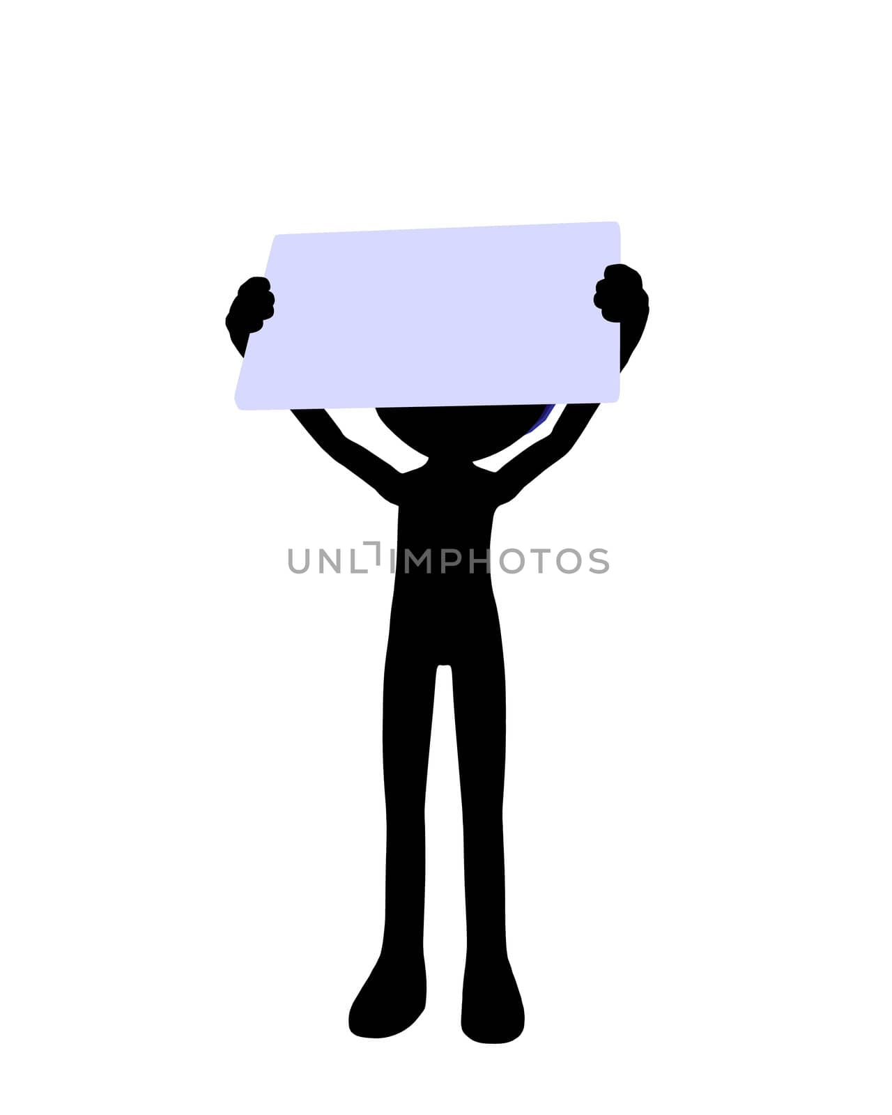 Cute black silhouette police guy holding a blank business card on a white background
