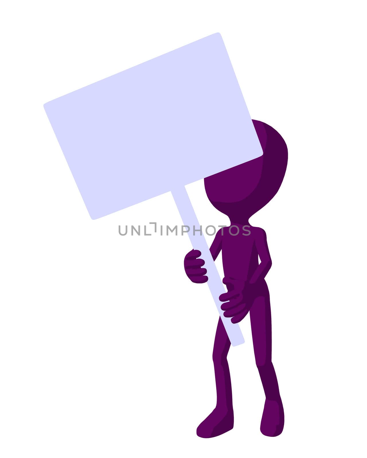 Cute purple silhouette guy holding a blank sign on a white background
