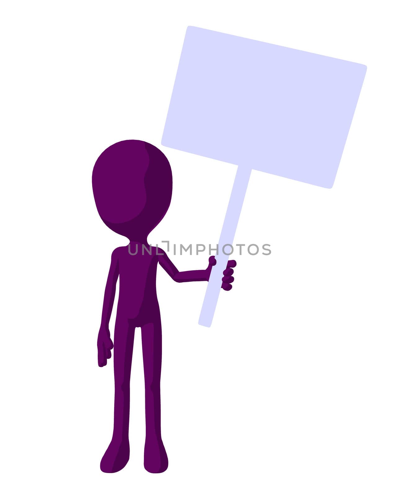 Cute purple silhouette guy holding a blank sign on a white background
