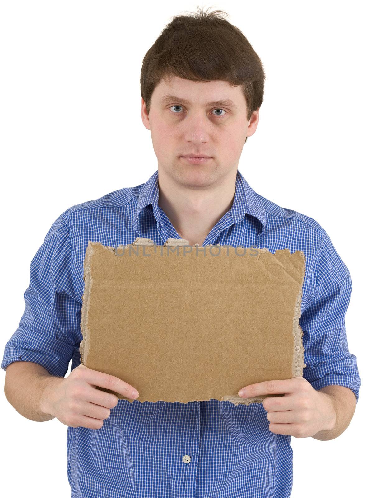 Man and carton tablet on the white background