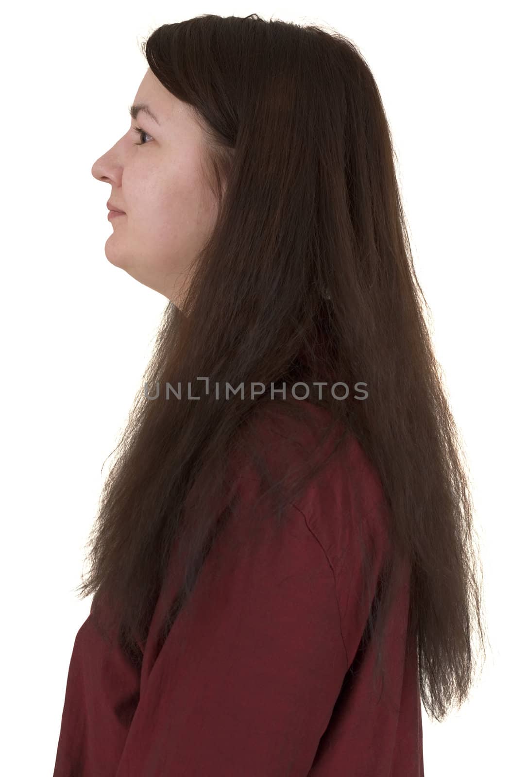 Female portrait with long hair on white