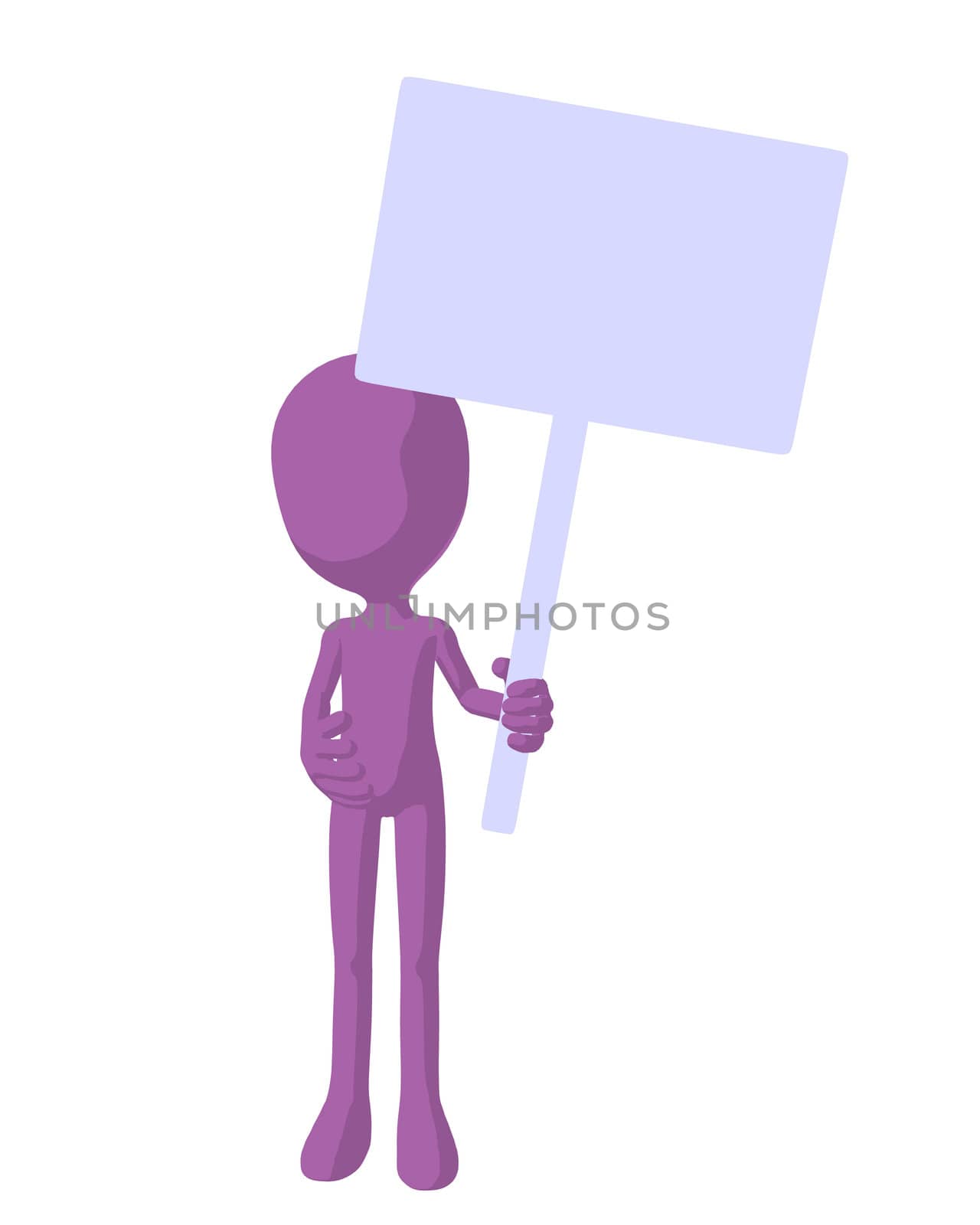 Cute purple silhouette guy holding a blank sign on a white background
