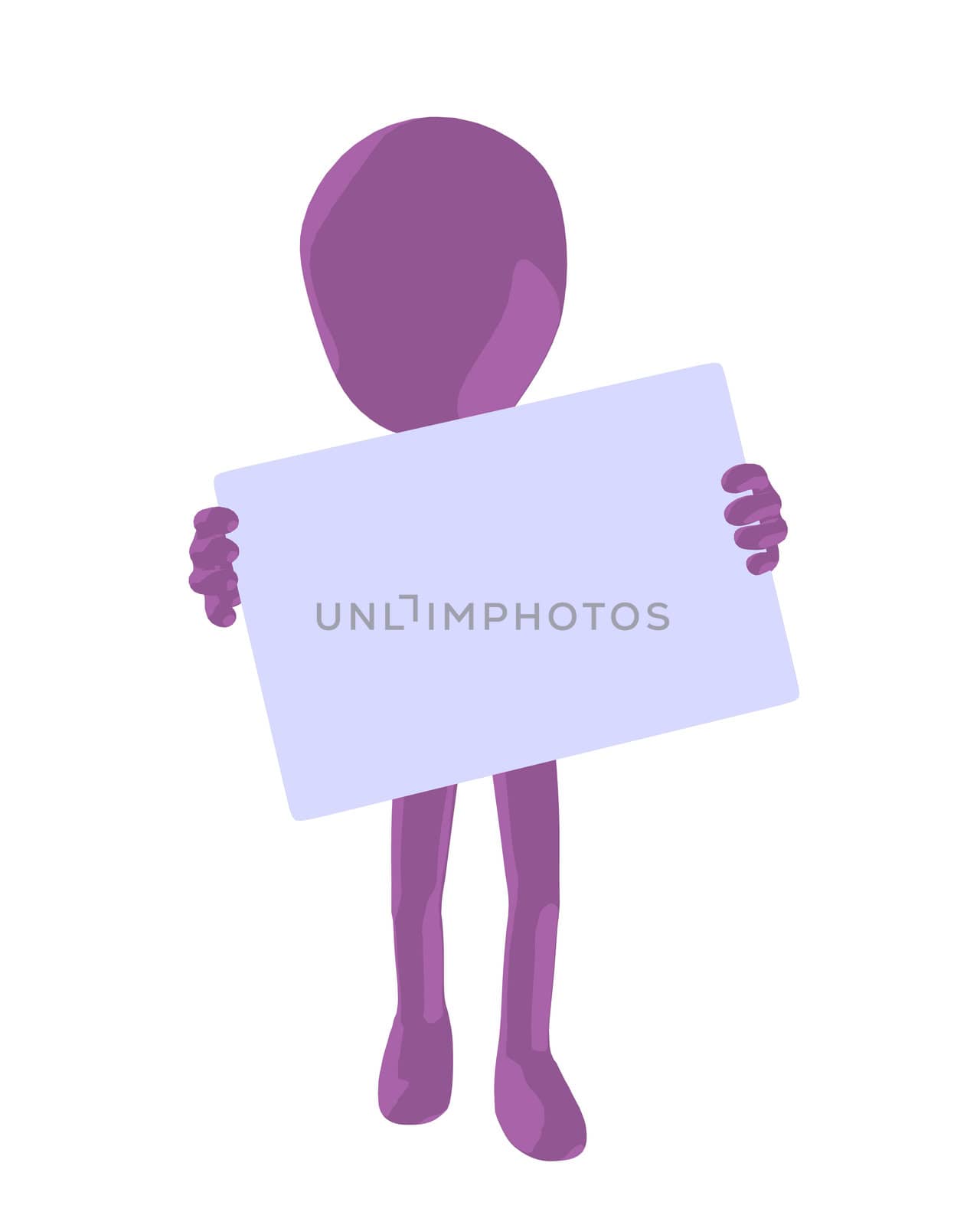 Cute purple silhouette guy holding a blank business card on a white background
