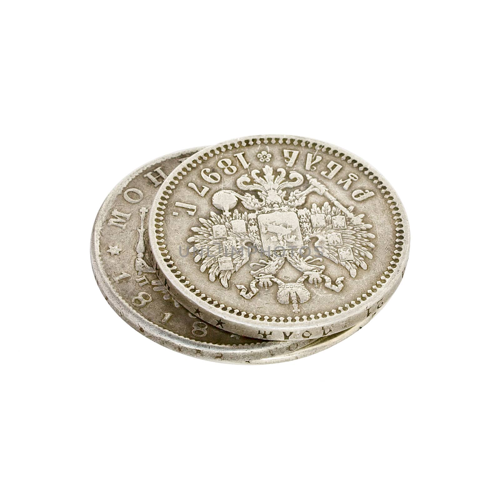 Antique silver Russian coin on the white background
