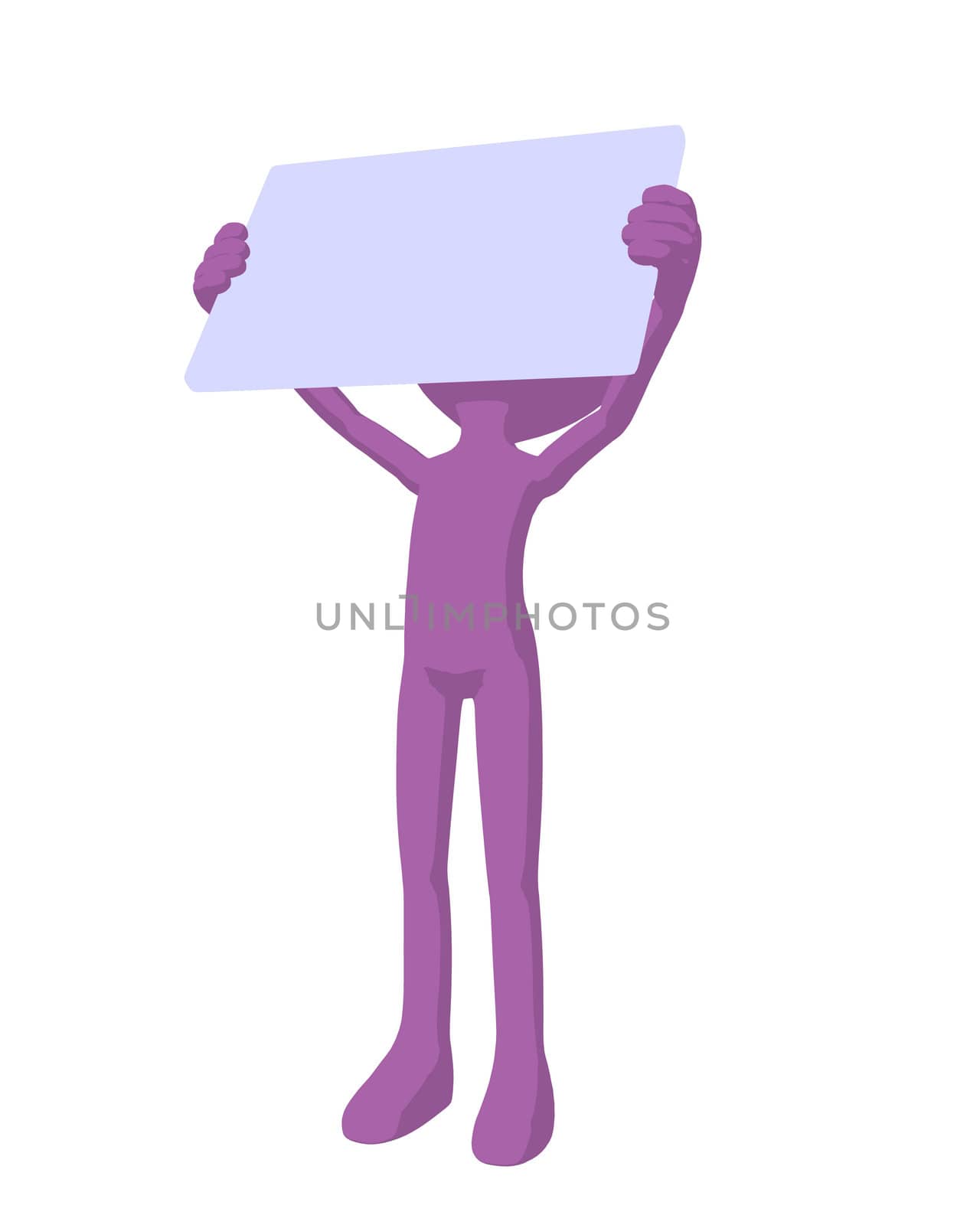 Cute purple silhouette guy holding a blank business card on a white background

