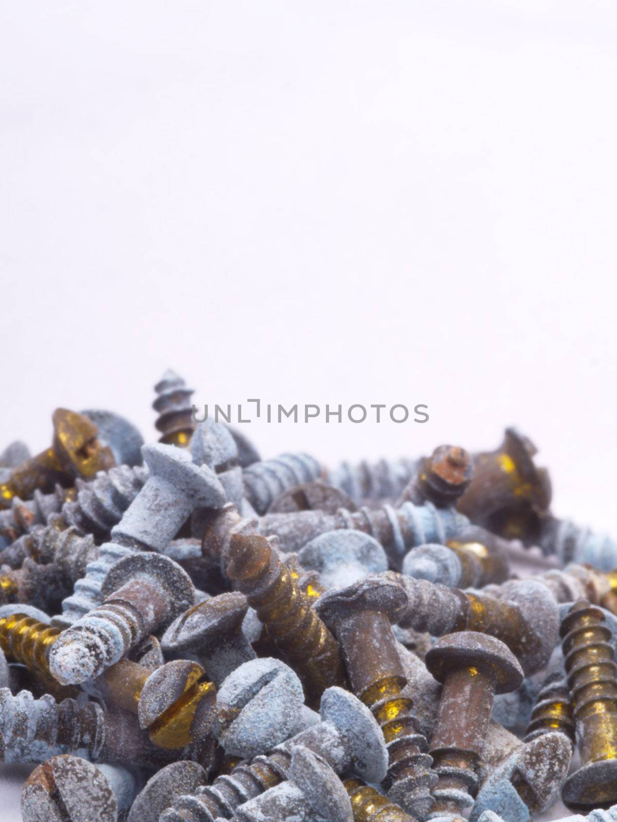 some old brass screws with off-white background