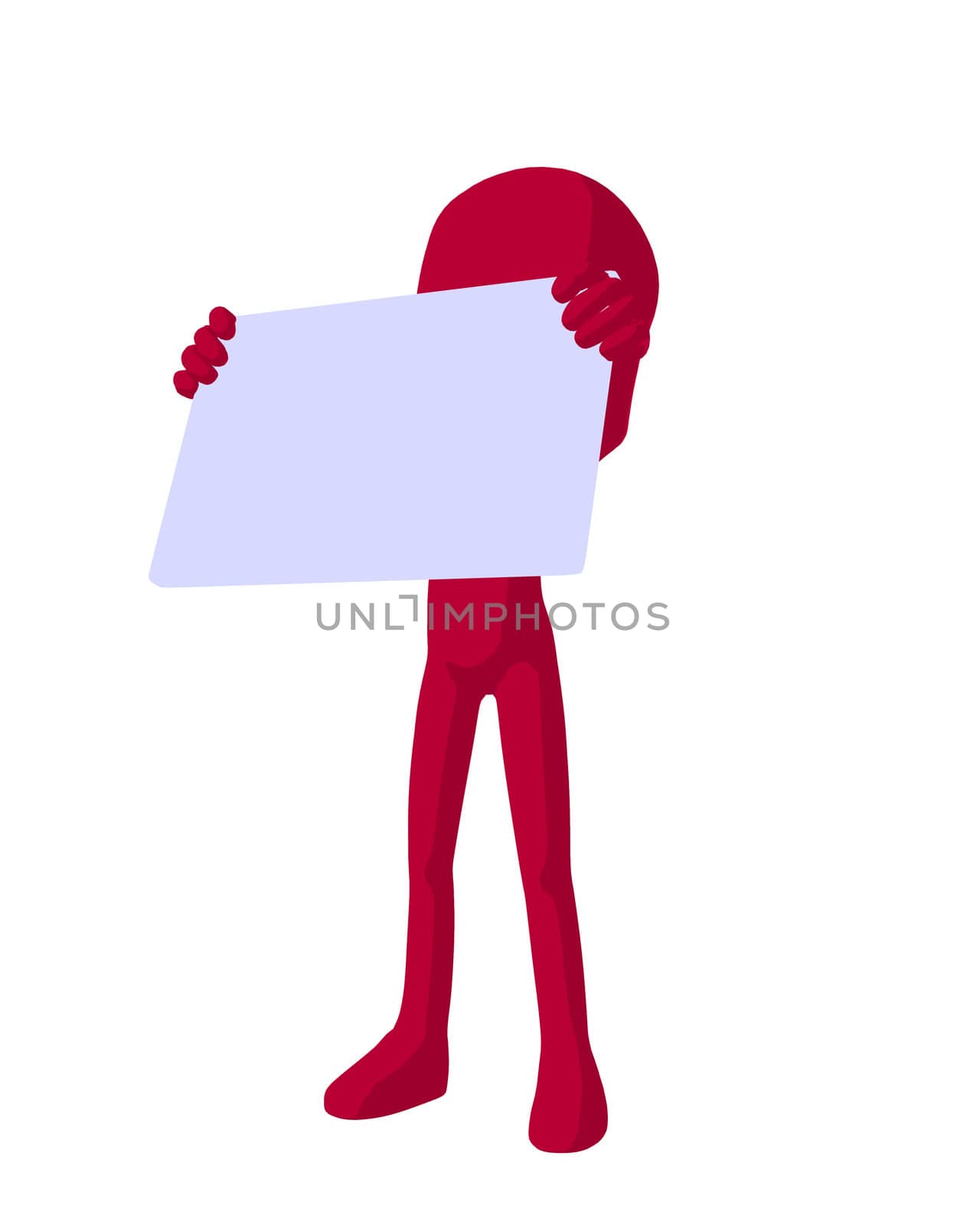 Cute red silhouette guy holding a blank business card on a white background
