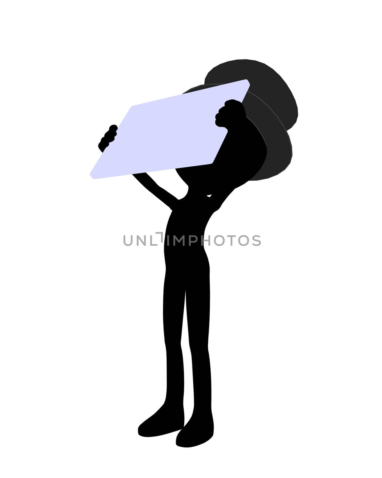 Cute black silhouette top hat guy holding a blank business card on a white background
