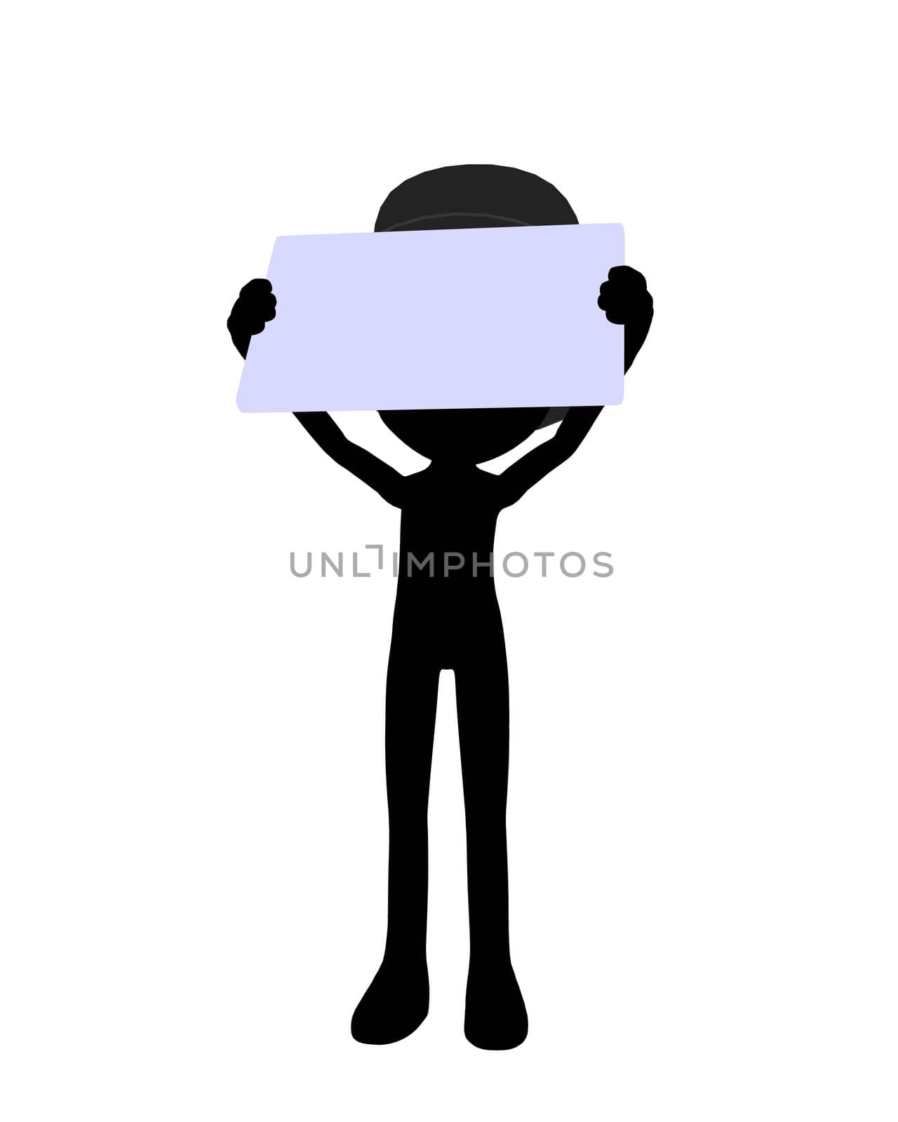 Cute black silhouette top hat guy holding a blank business card on a white background
