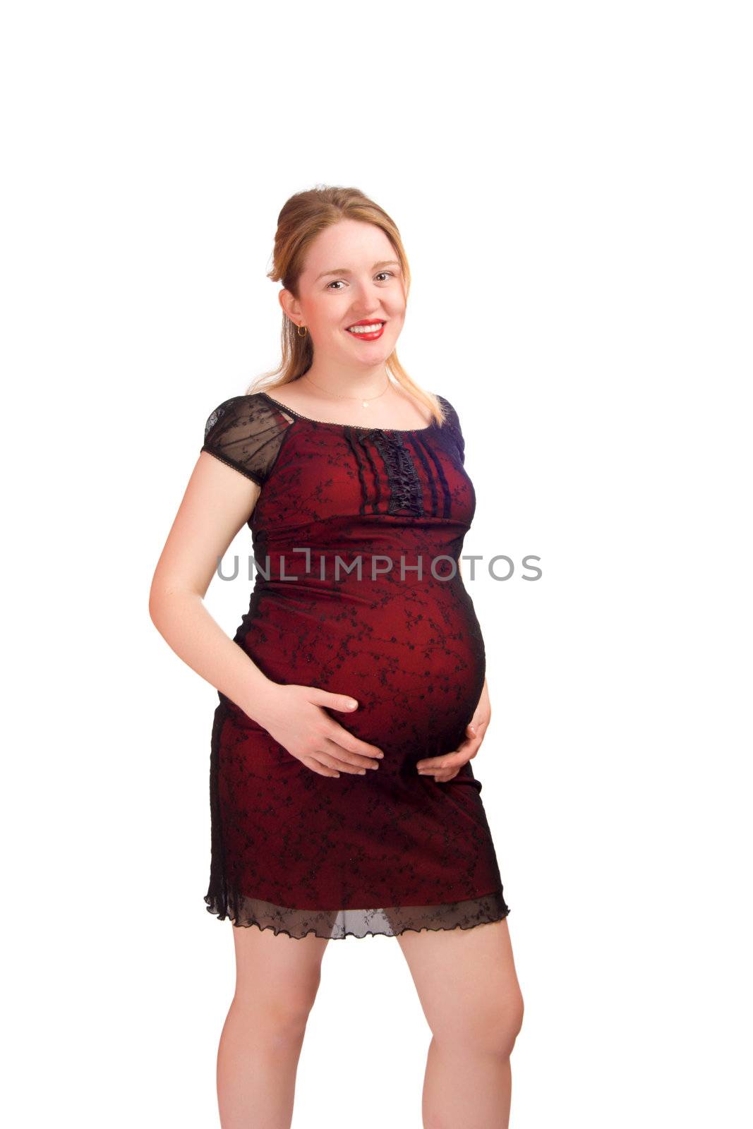 Beautiful Pregnant woman wearing dress isolated on white