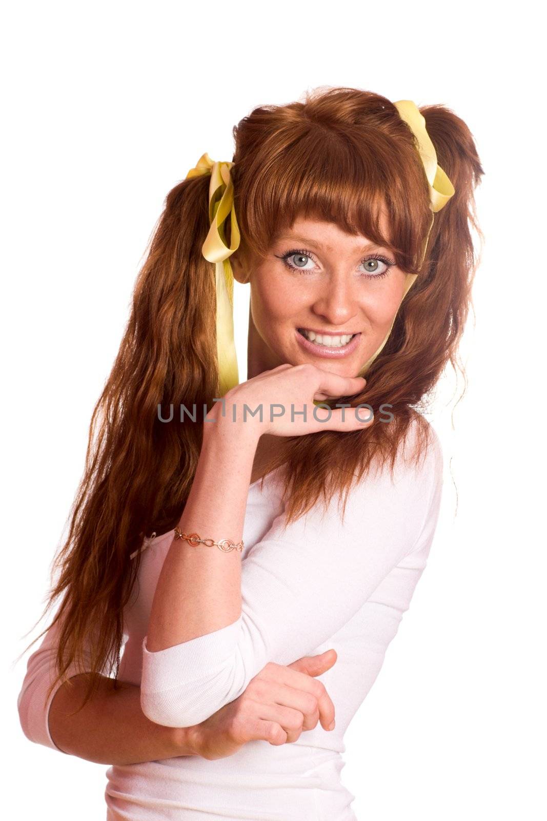 Redhead woman wearing ponytails isolated on white