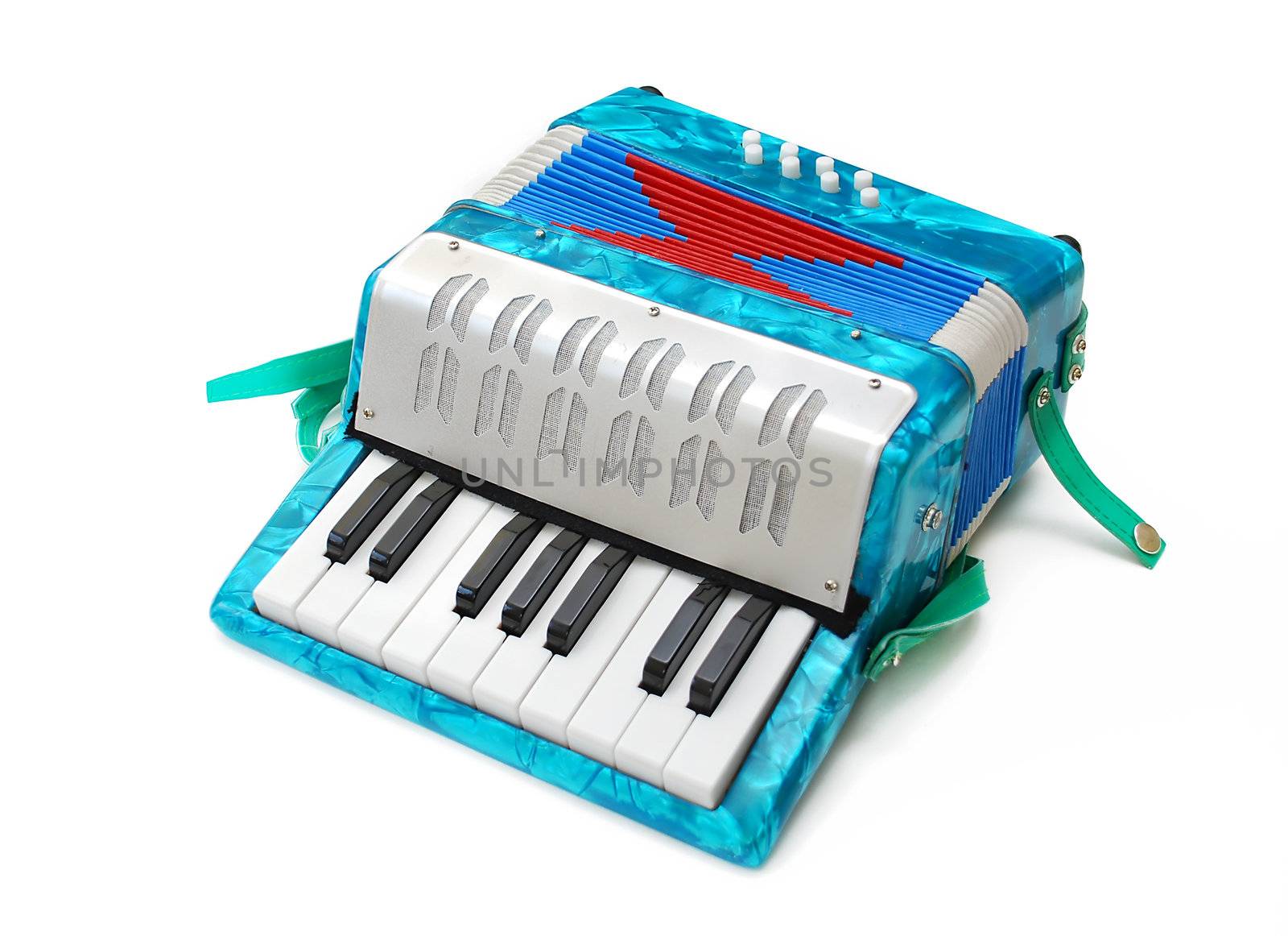 small blue children accordion toy isolated over white