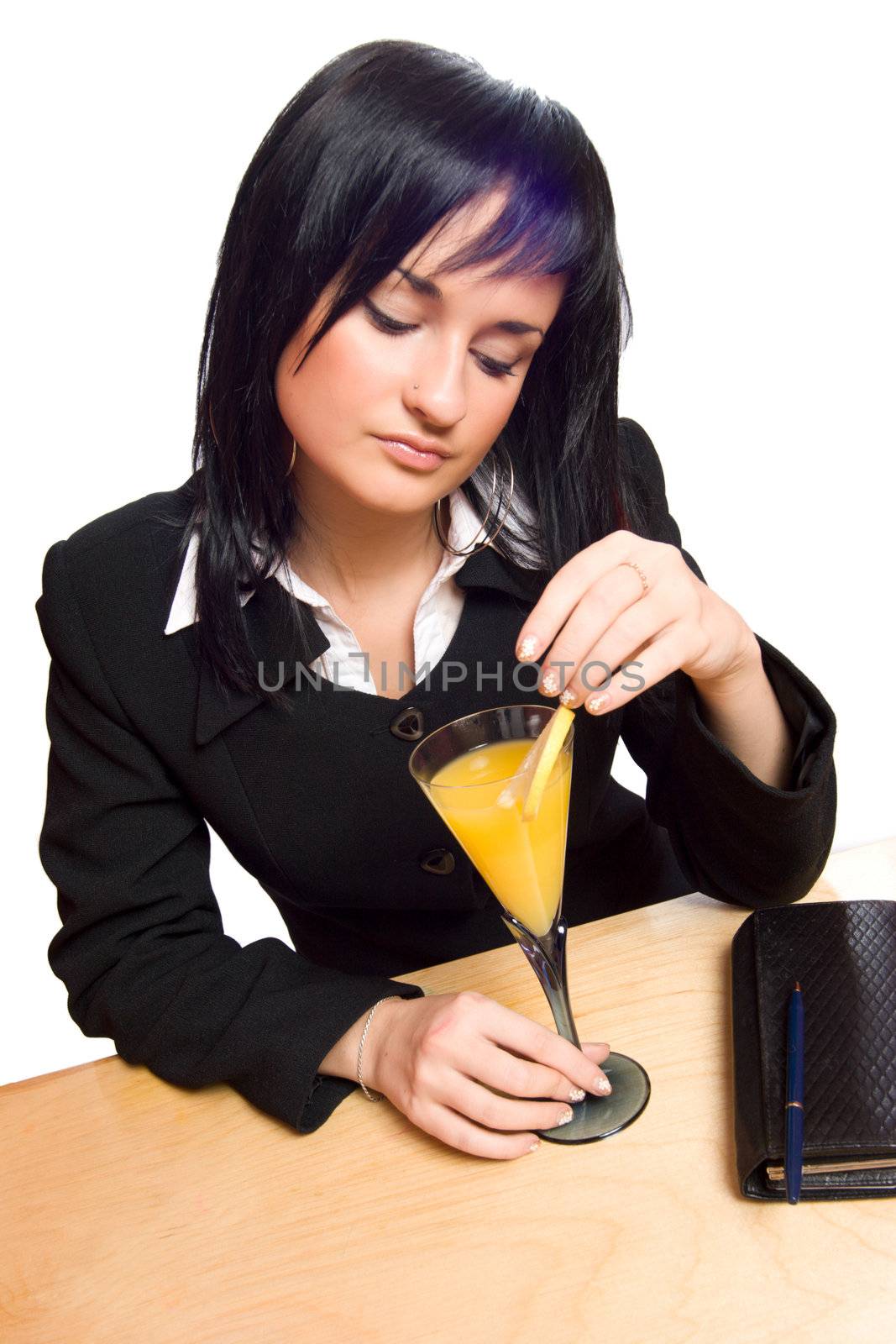 Young business woman Celebrating great contract with cocktail isolated on white