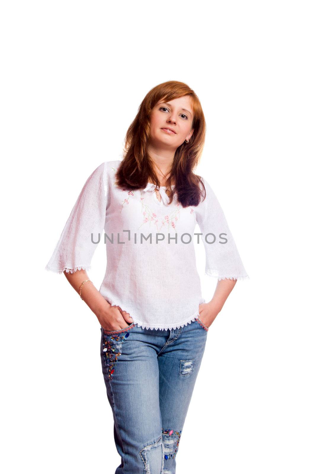 Redhead woman wearing casual close isolated on white