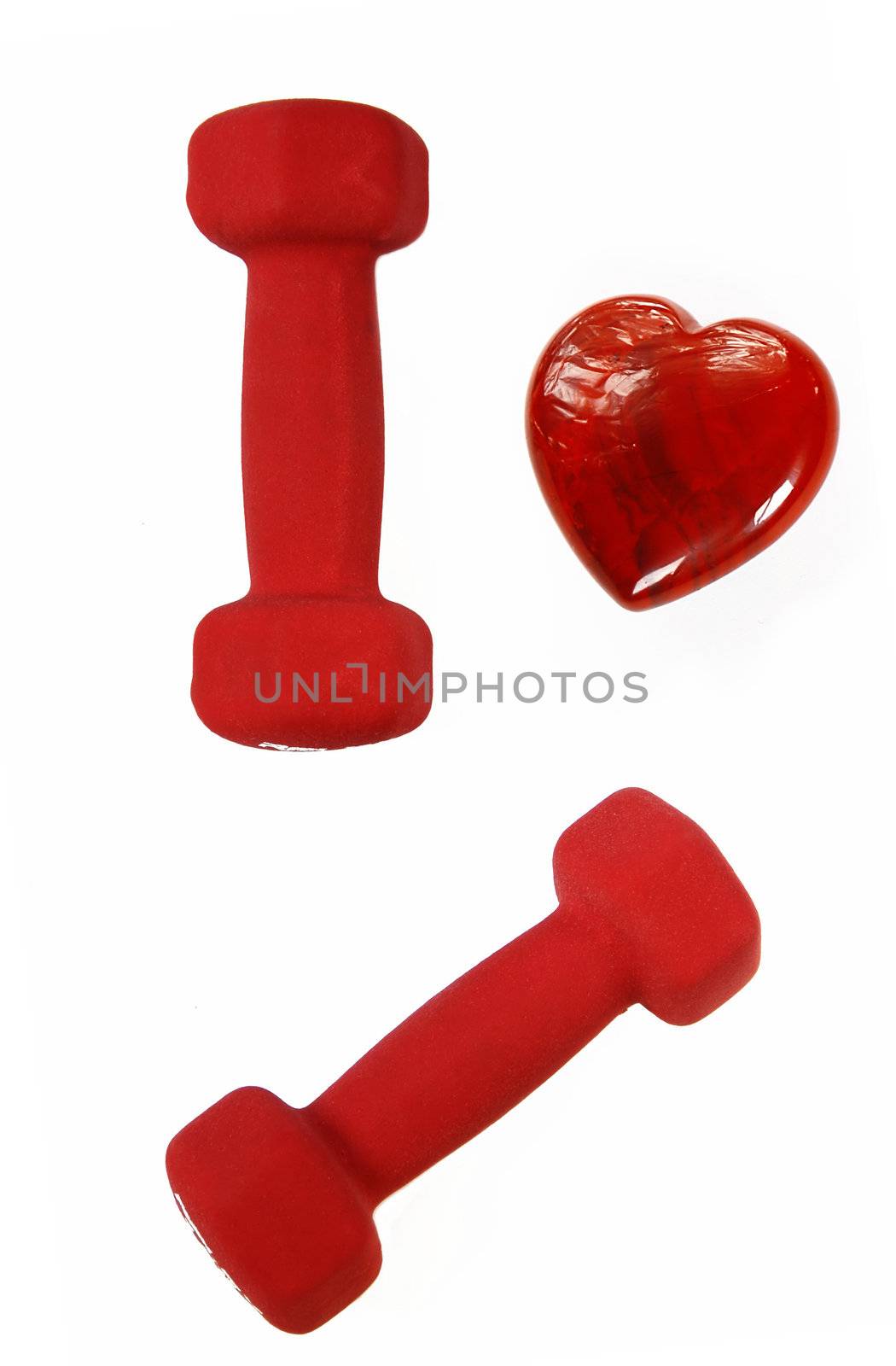 two red dumbbells and heart isolated on white