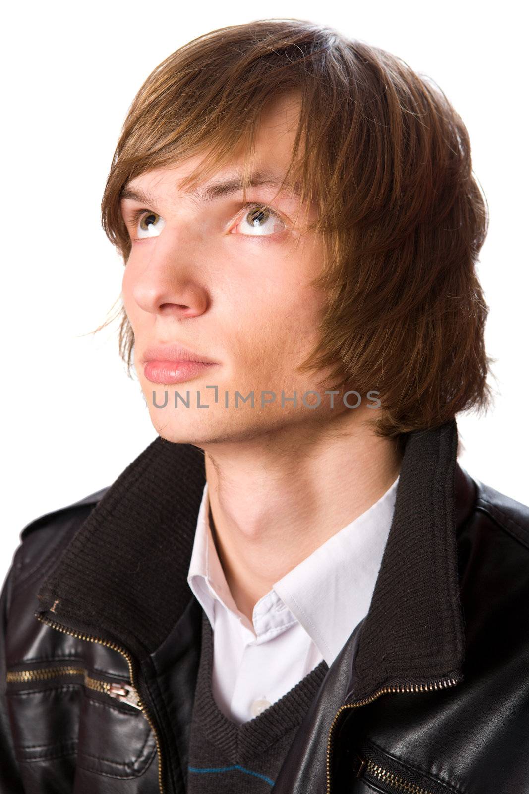 Portrait of Young man looking up for help isolated