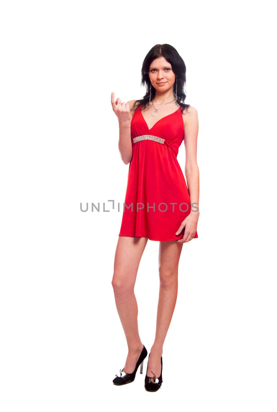 Young woman wearing red dress isolated on white