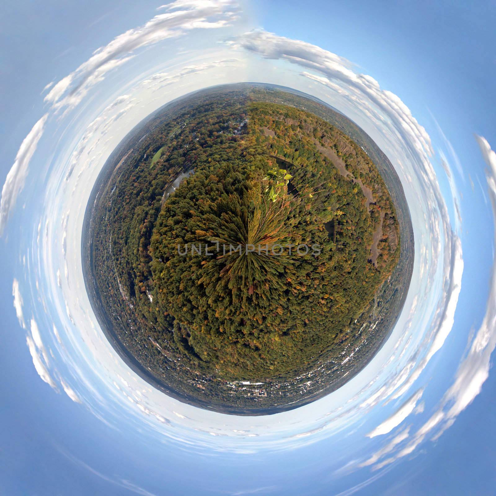 A 360 degree panoramic view of the fall foliage in Meriden Connecticut and Hubbard Park from Craigs Castle.