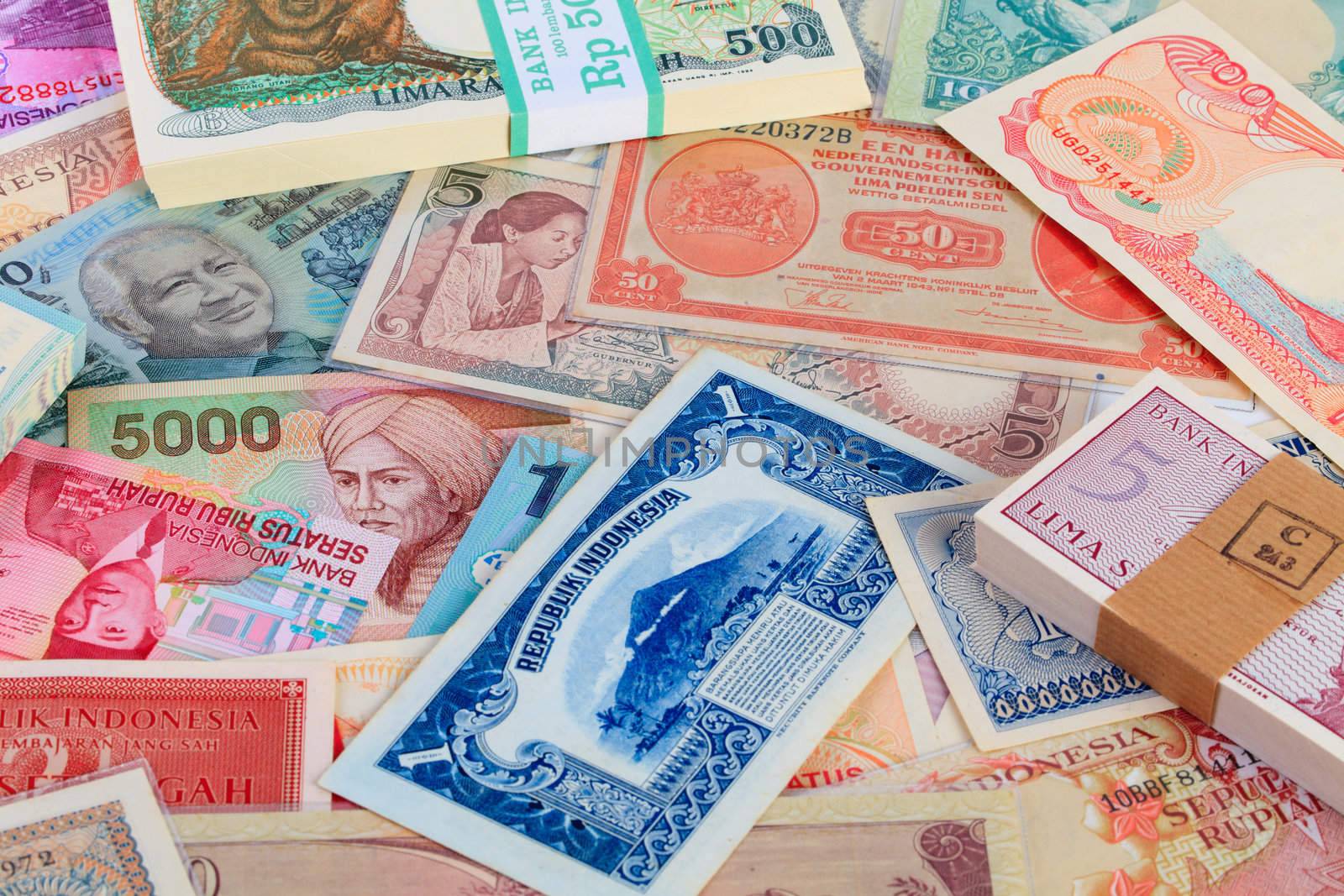 Vintage Indonesian Currency Close up bills and bundles of bills