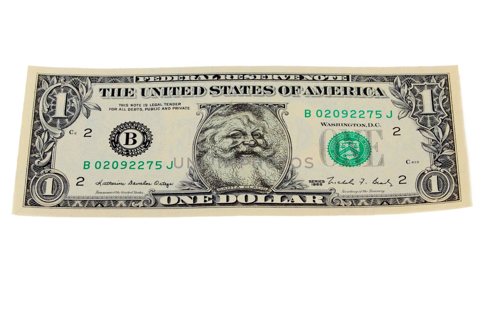 One Dollar bill with Santa Claus face on it
