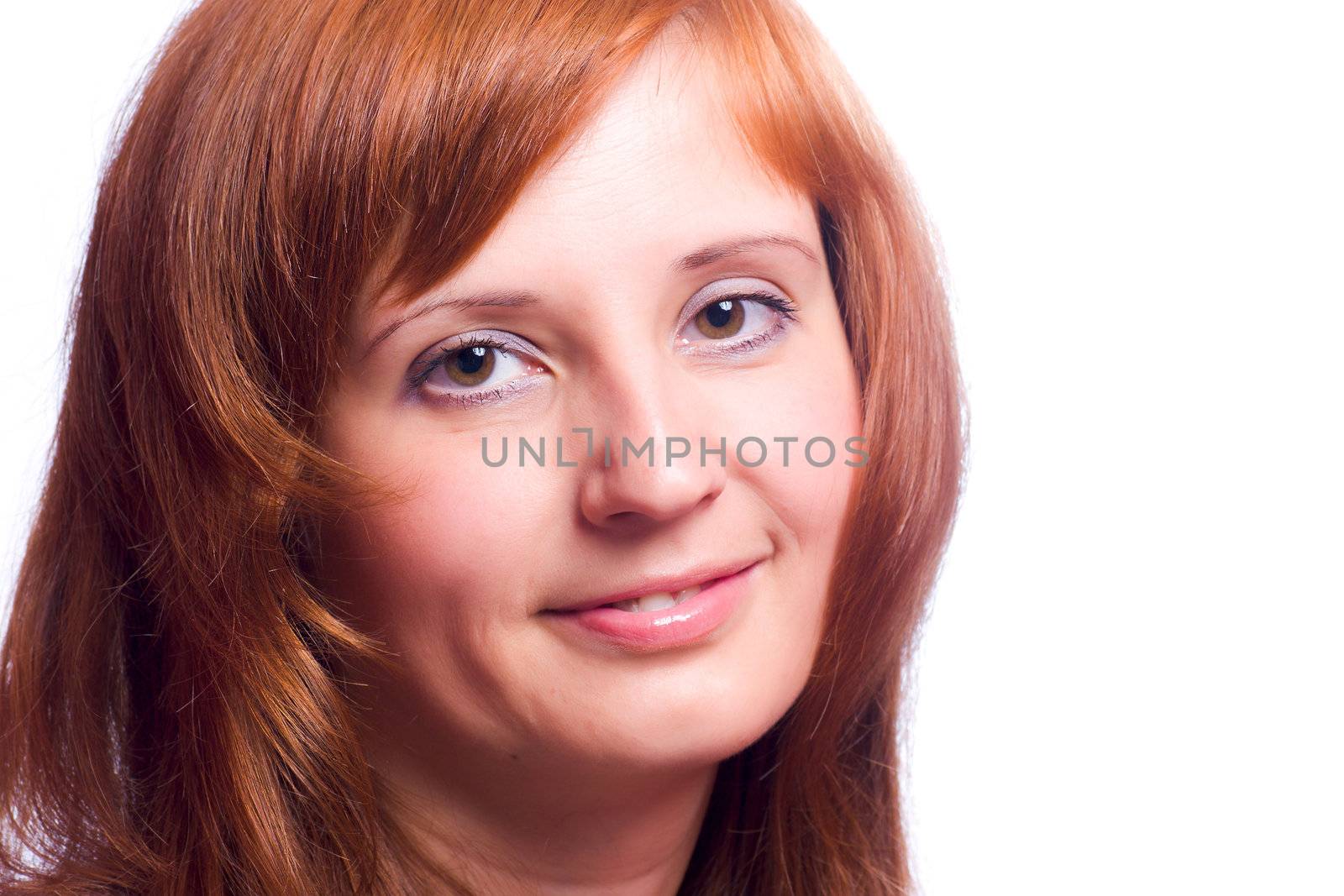 Close-up portrait of Redhead woman isolated on white