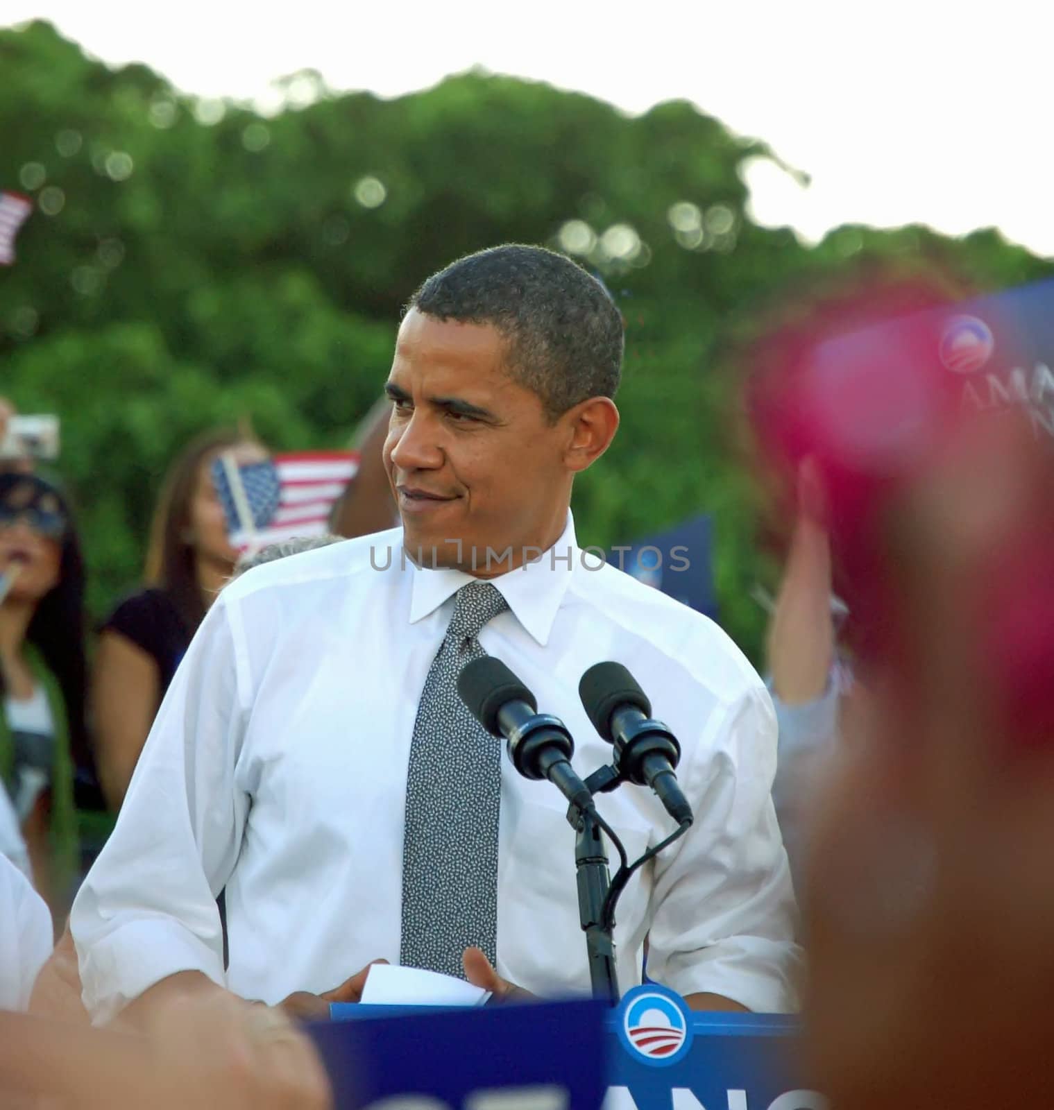 Then candidate now president Barack Obama speaking to over 30,000 of his sujpporters at a rally in Bay Front Park,Miami,Florida in October 2008