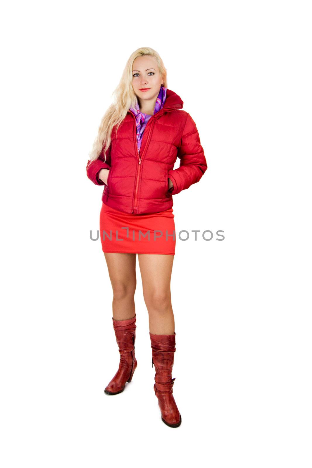 Young woman wearing red down-padded coat isolated