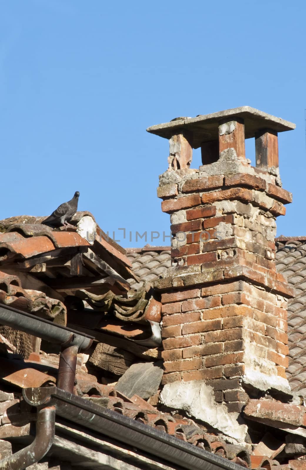 old chimney on the roof of a ruined old house