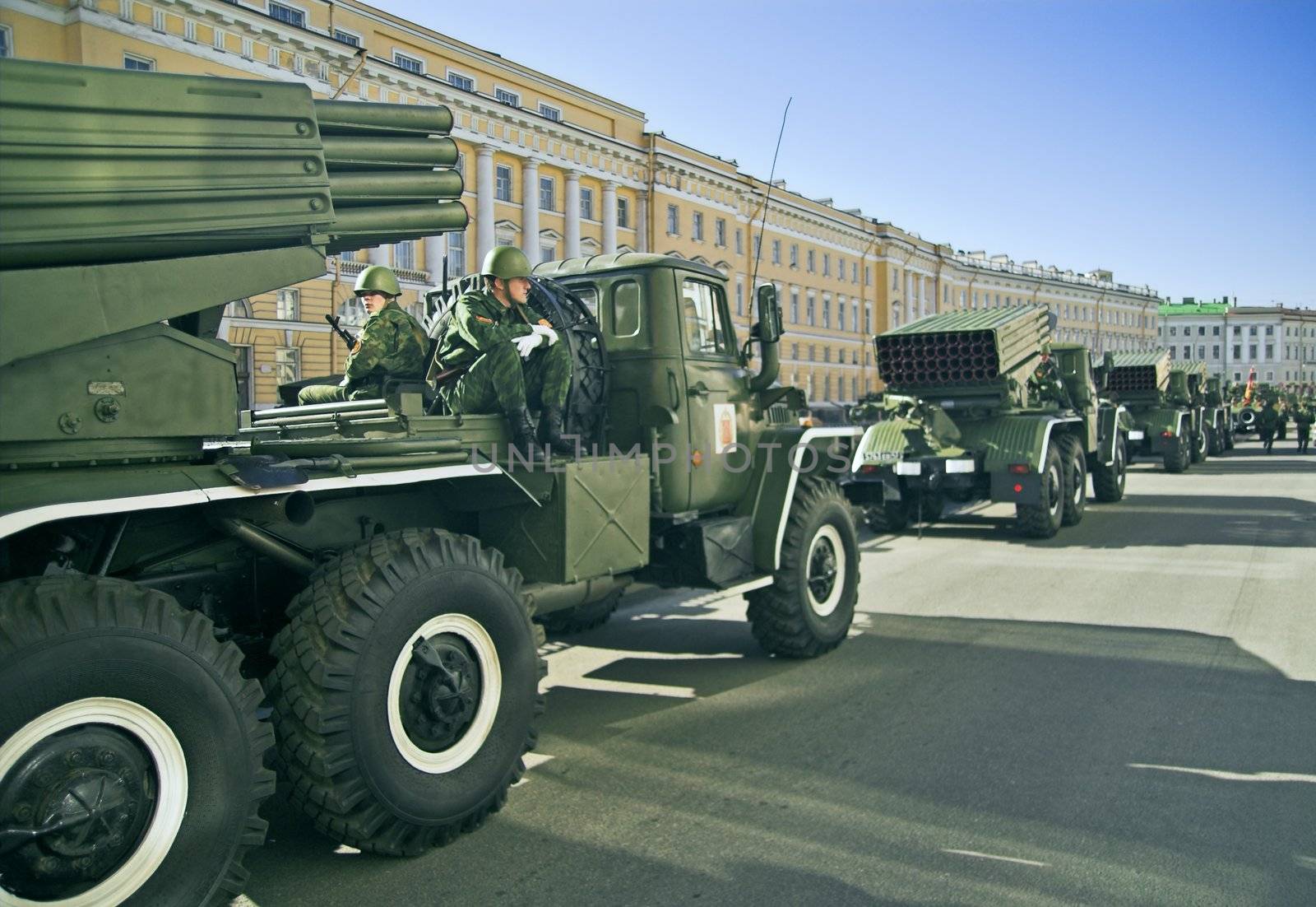 ST PETERSBURG, RUSSIA-MAY 8, 2008: Missile vehicles lined for a rehearsal before the celebration of World War II Victory Day on May 9, 2008.