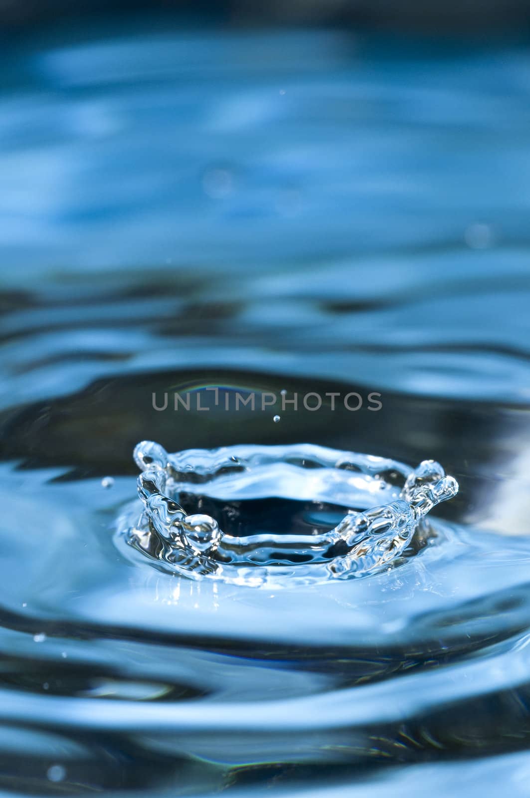 Bouncing water drops in blue background