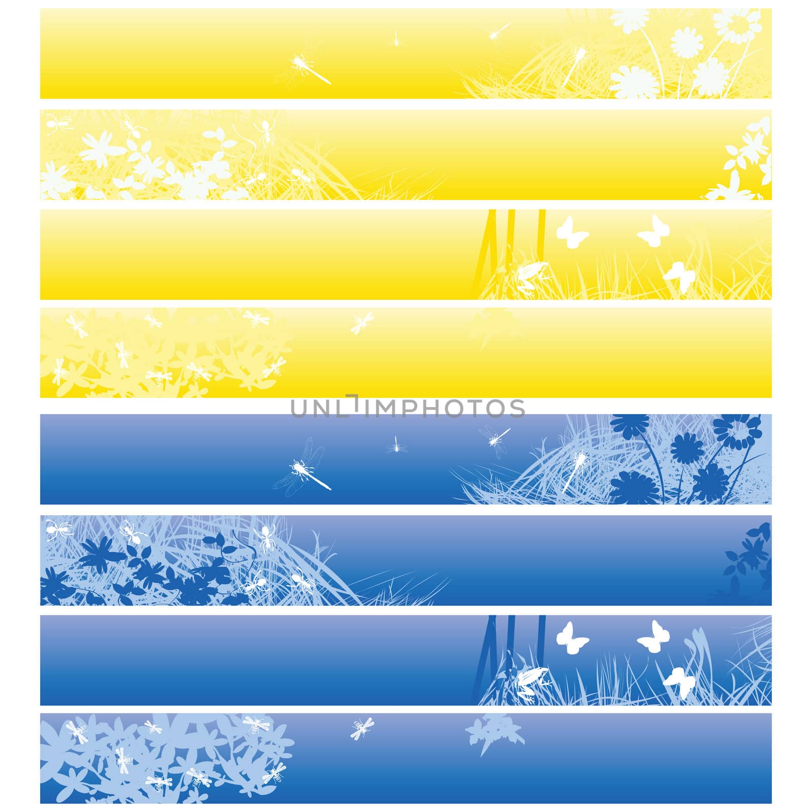 Nature theme banners, headers in blue and yellow over white