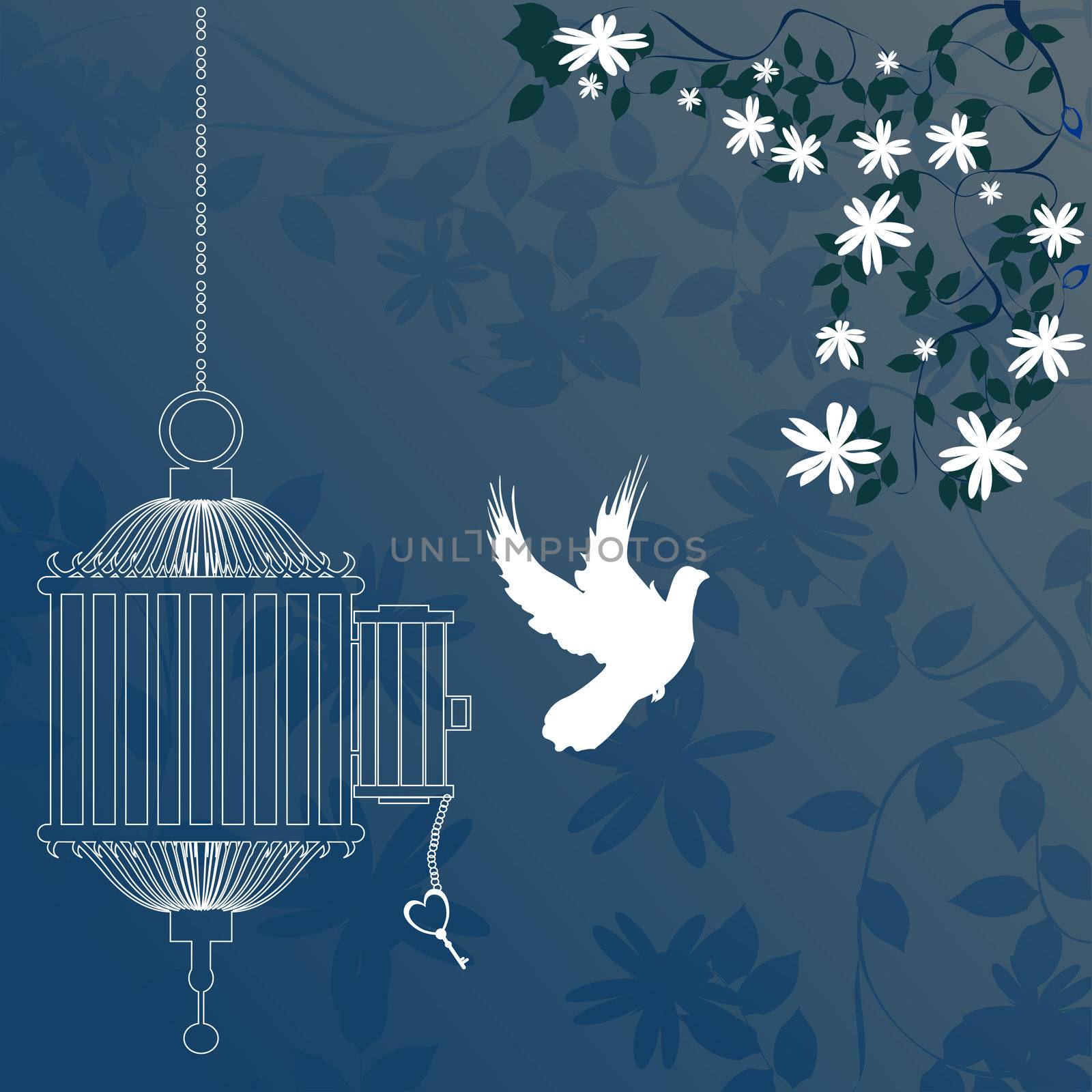 Bird and cage with cherry blossom tree