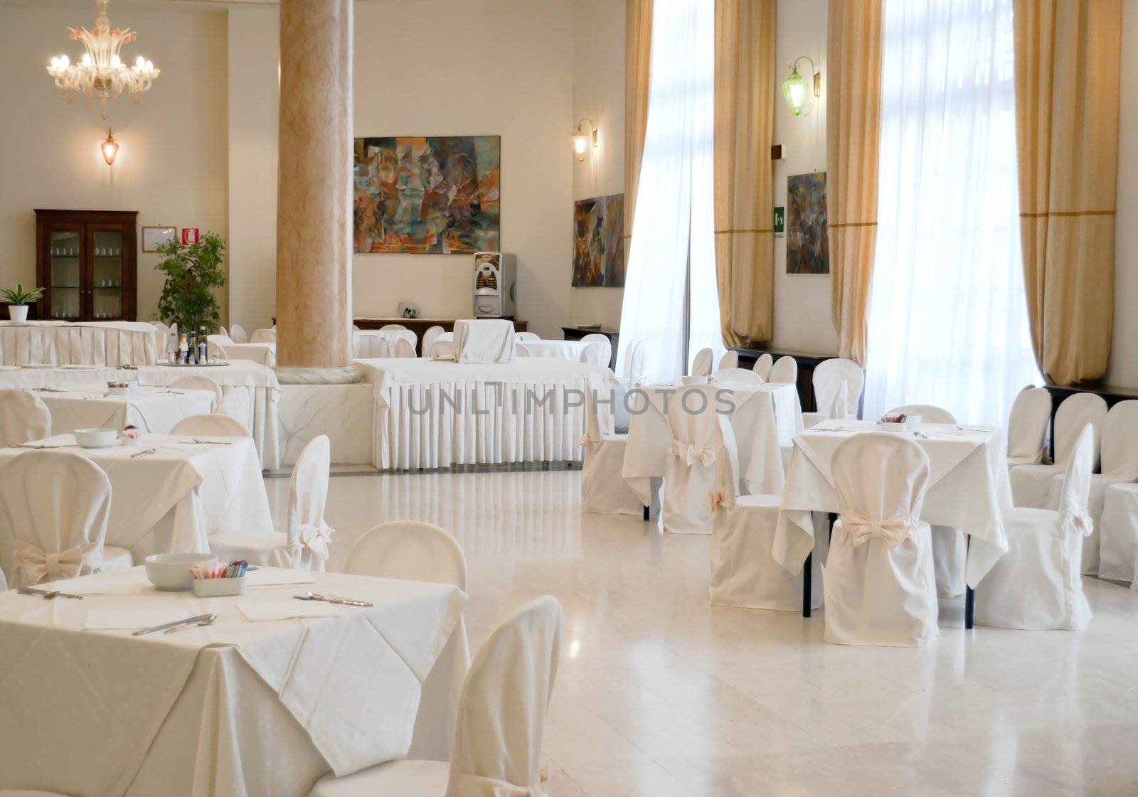 Luxury white restaurant empty room furniture interior