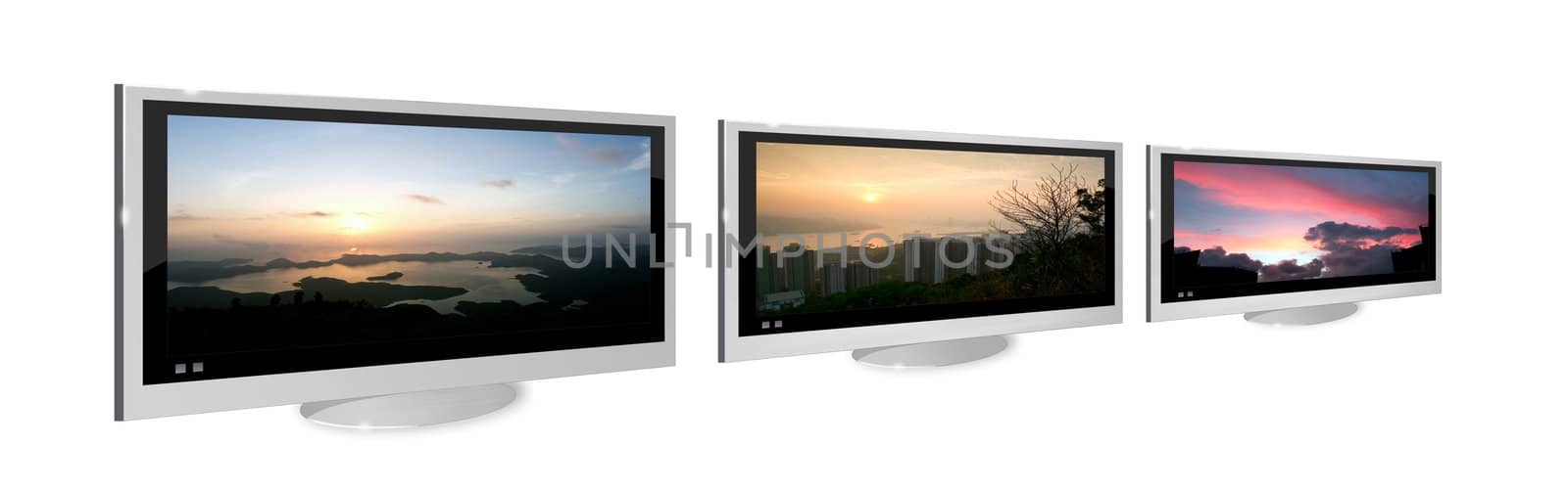 Three metallic silver LCD TV display in white background