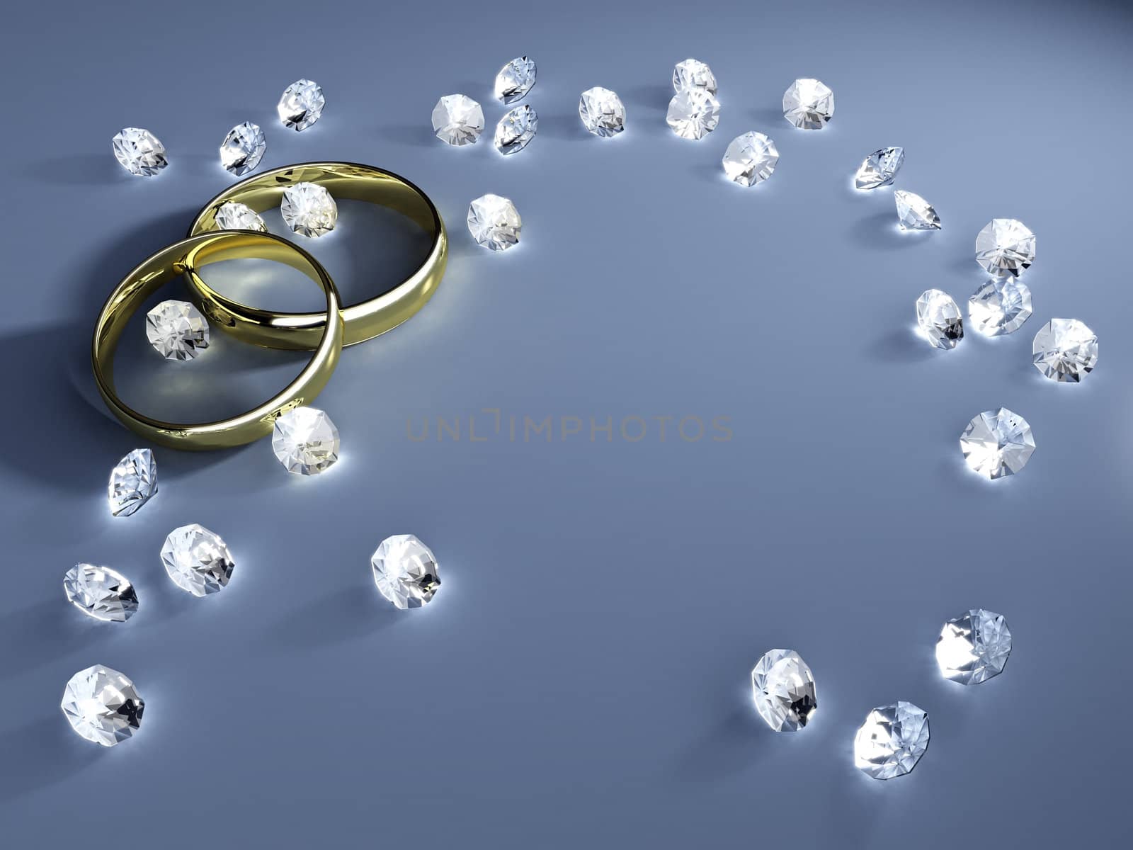 A wedding background with golden rings and diamonds