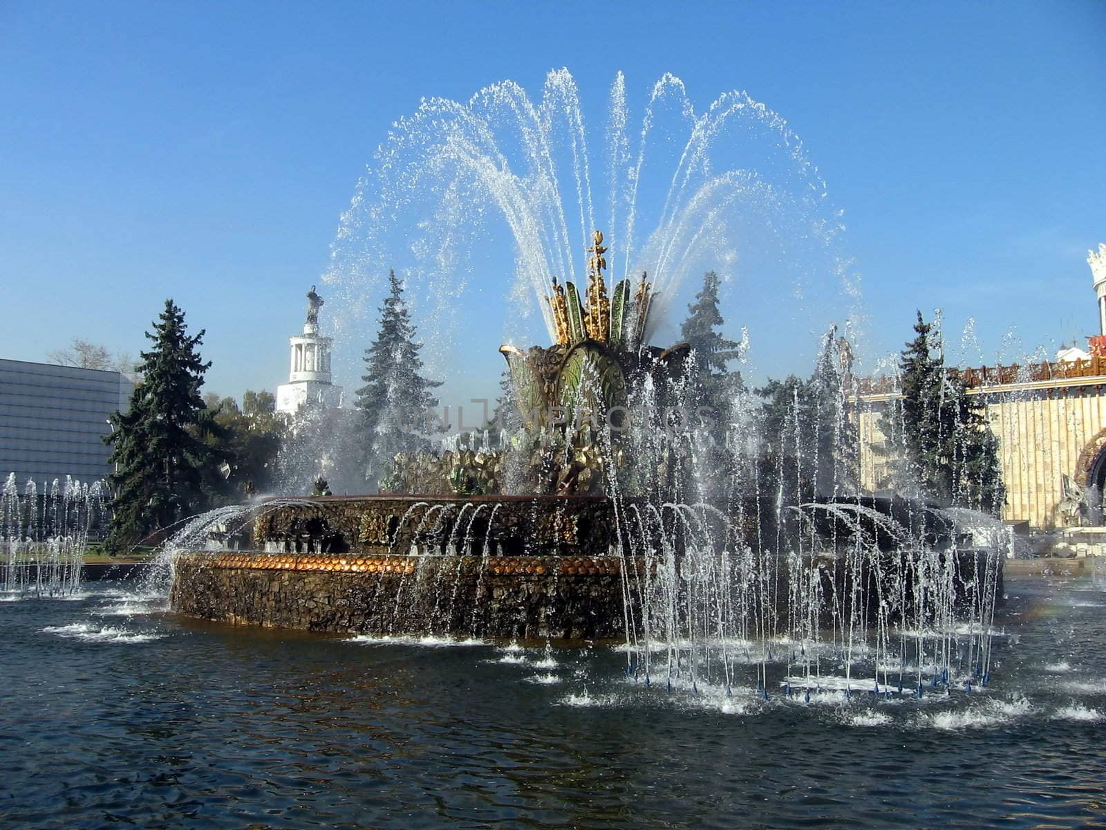 Very beautiful fountain in Moscow on a background of blue sky