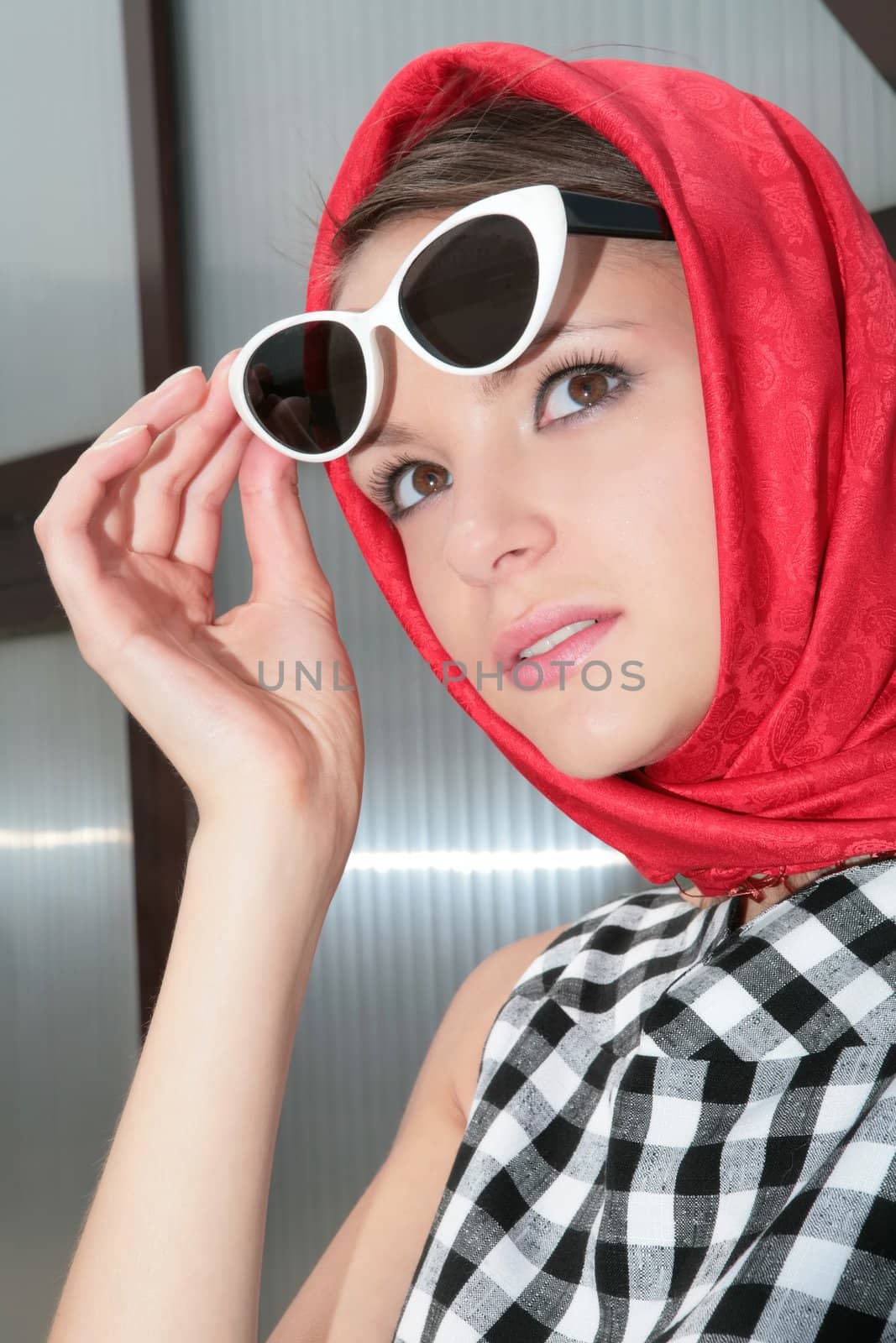 beautiful girl in plaid dress with red kerchief and stylish sunglasses