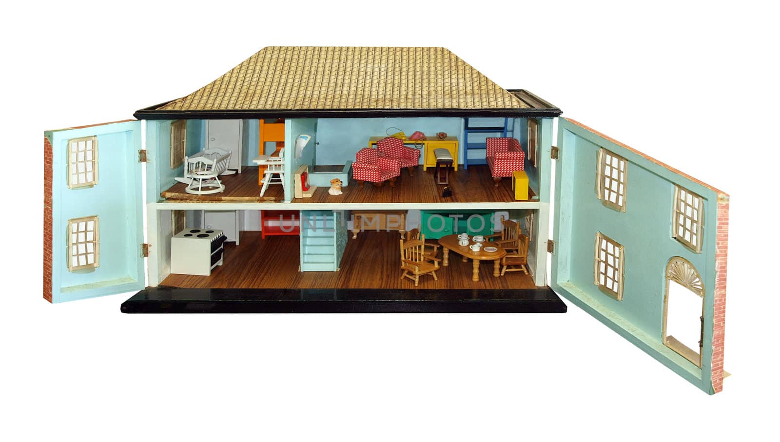 Antique Dollhouse with Doors Open isolated with clipping path