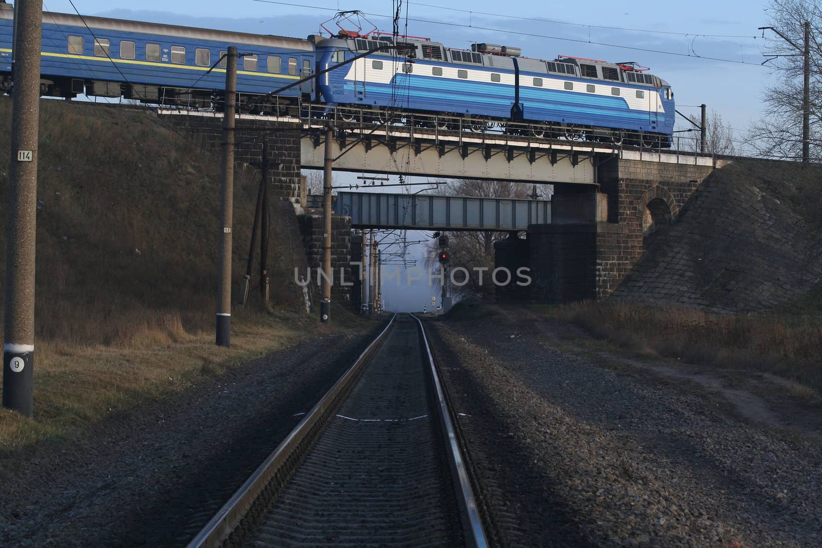 Electric locomotive on the bridge in Ukraine