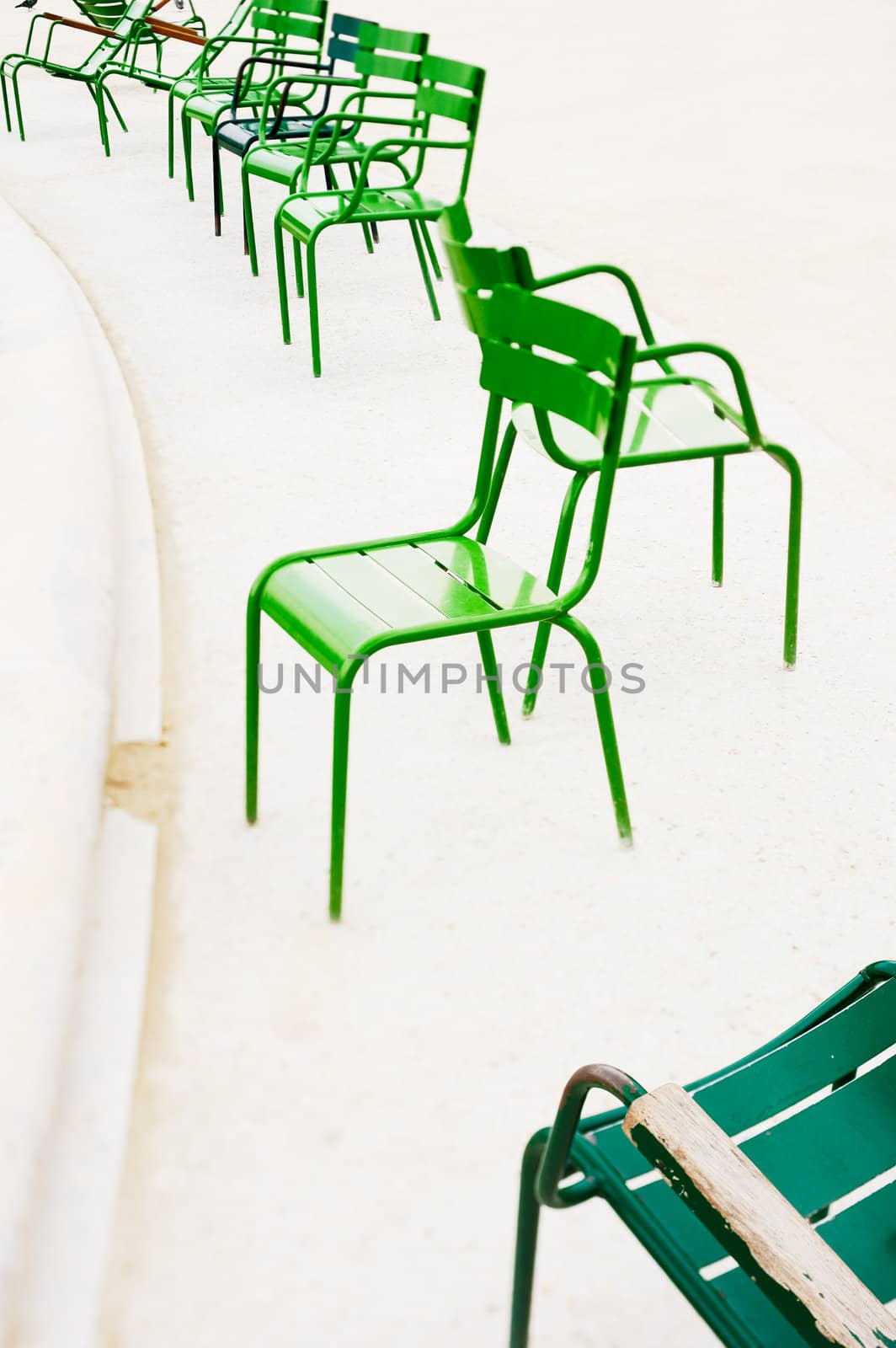 Parisian metallic chairs. Photo with tilt-shift lens
