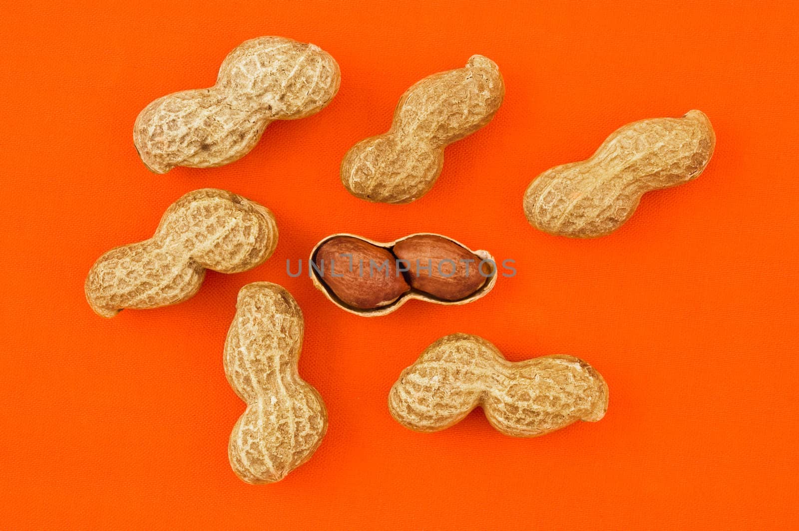 Peanuts on orange background, close up shot.