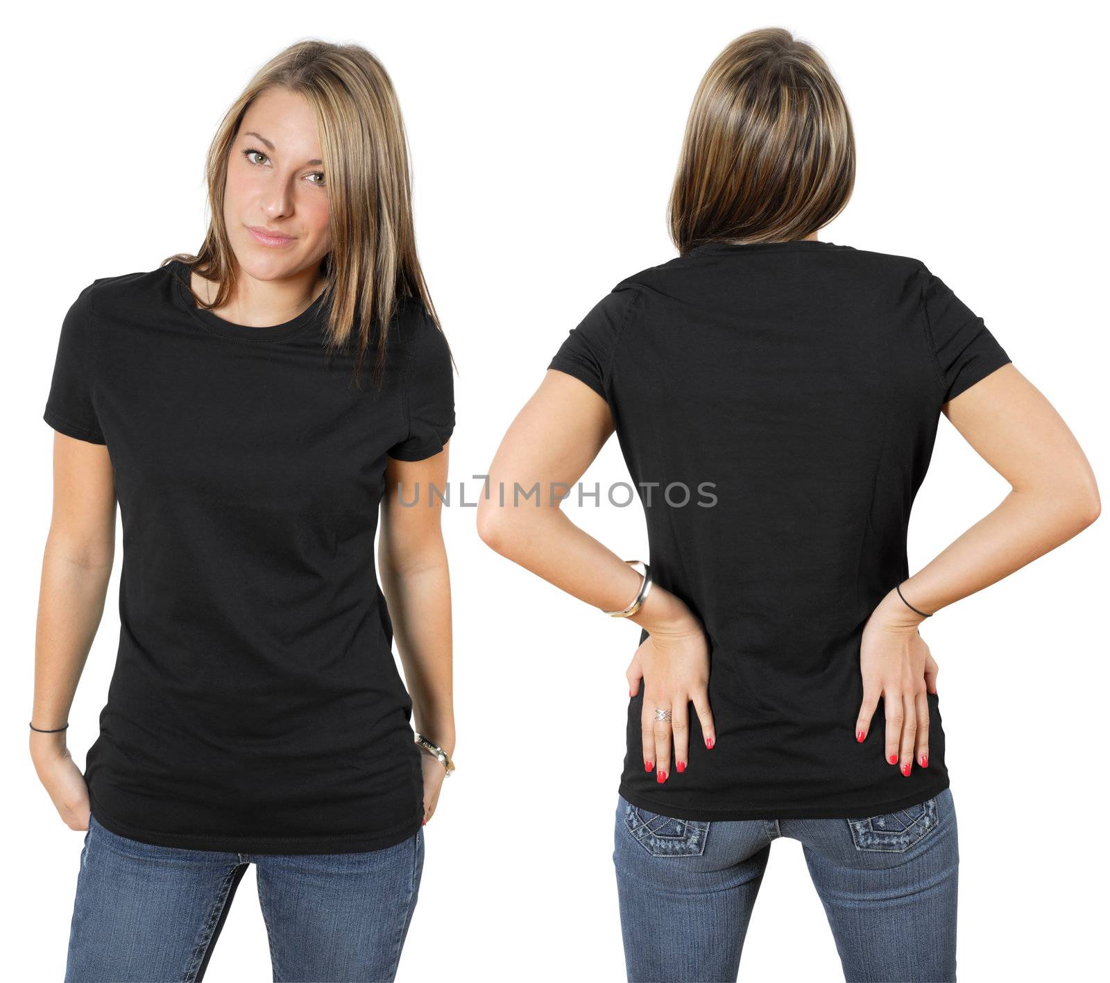 Young beautiful female wearing blank black shirt, front and back. Ready for your design or logo.