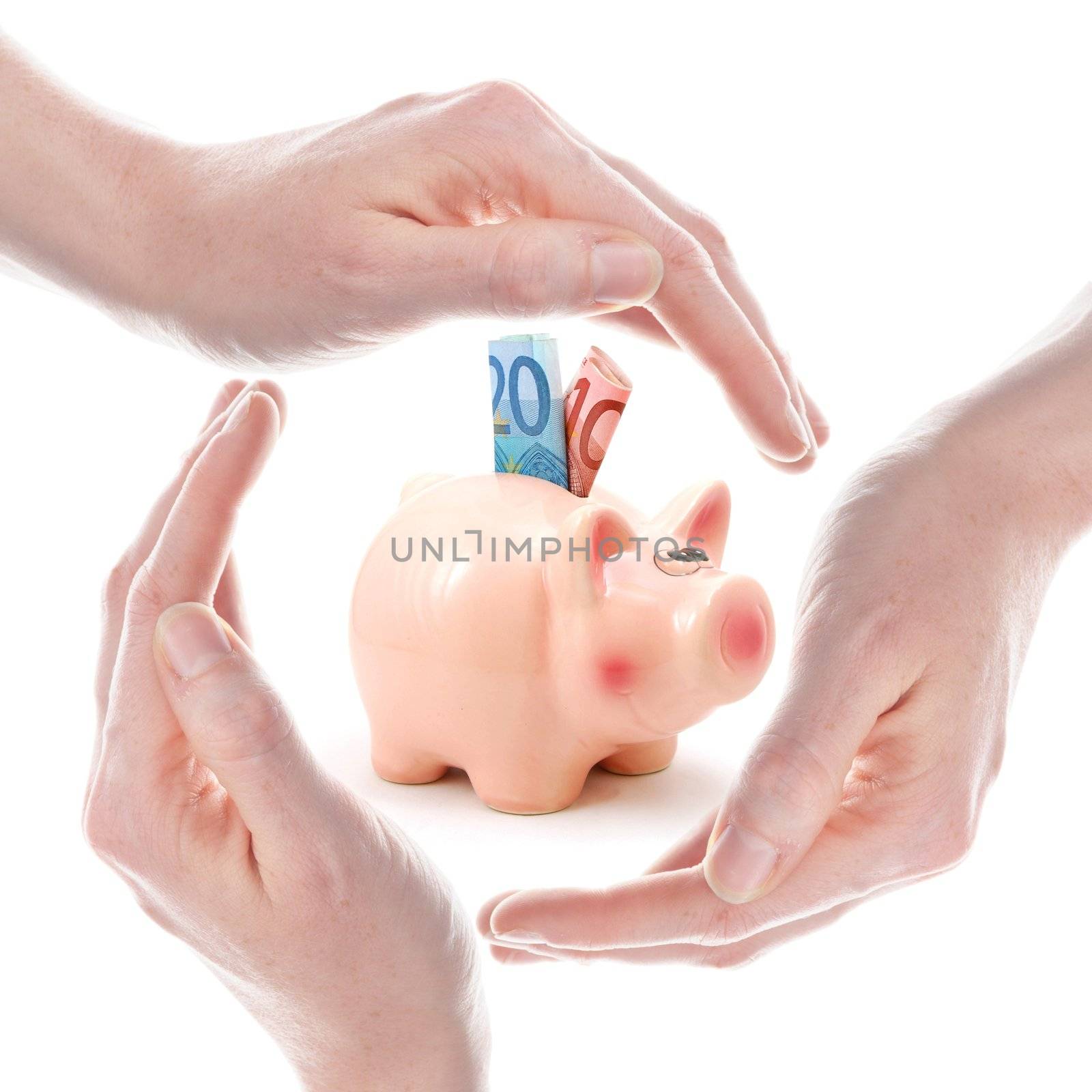 piggy bank and hand isolated on white background showing savings concept