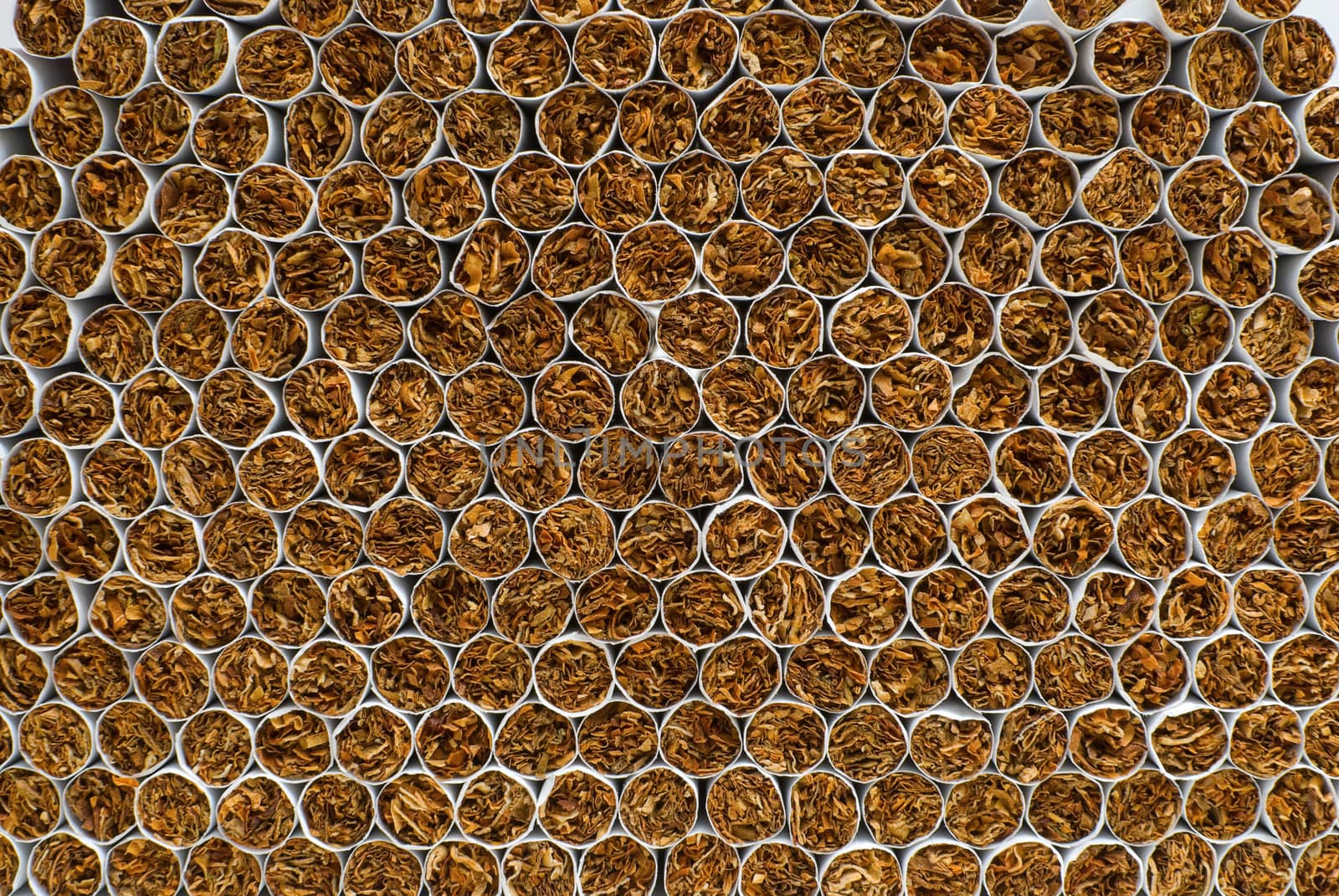 Symmetrical pile of cigarettes shot from the smoking side.